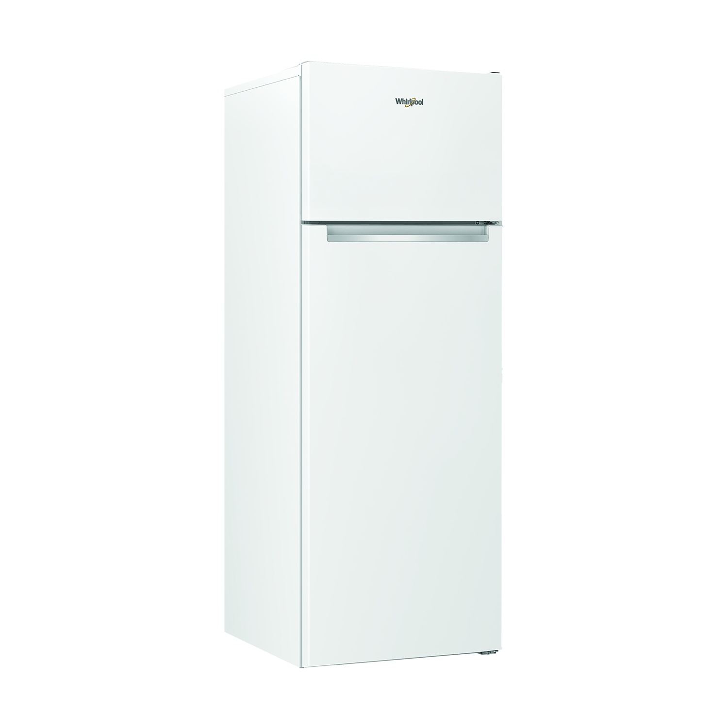 Frigorifero Whirlpool bianco su sfondo bianco.