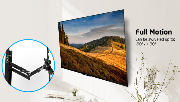 Egy TV fali tartóra szerelve. A szöveg szerint a TV elforgatható.