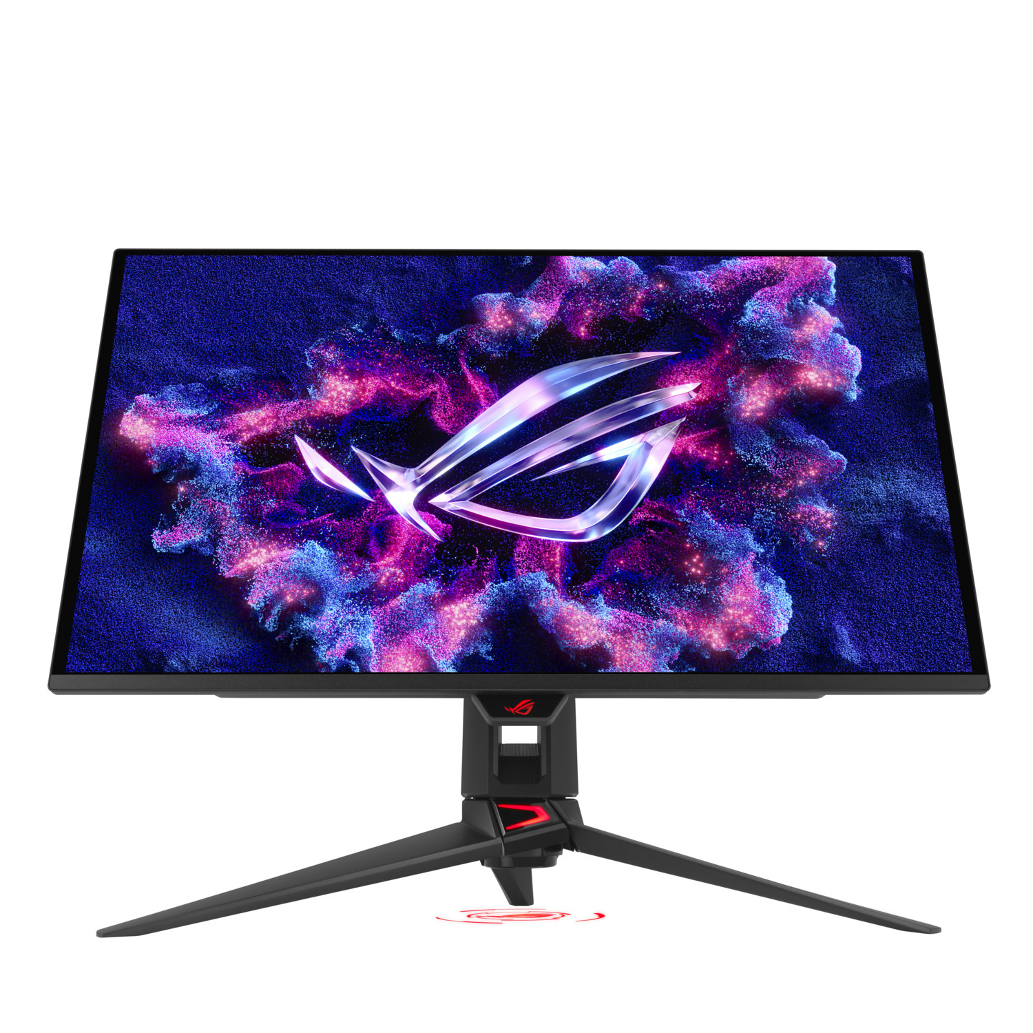 Gaming monitor with a dynamic, colorful display and a unique stand with a red base.