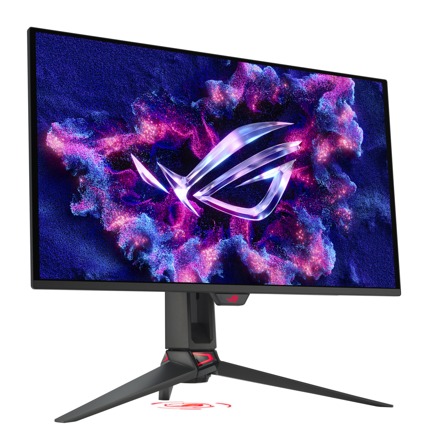 Black and red gaming monitor with the ROG logo on a stand. The screen displays a colorful abstract background.