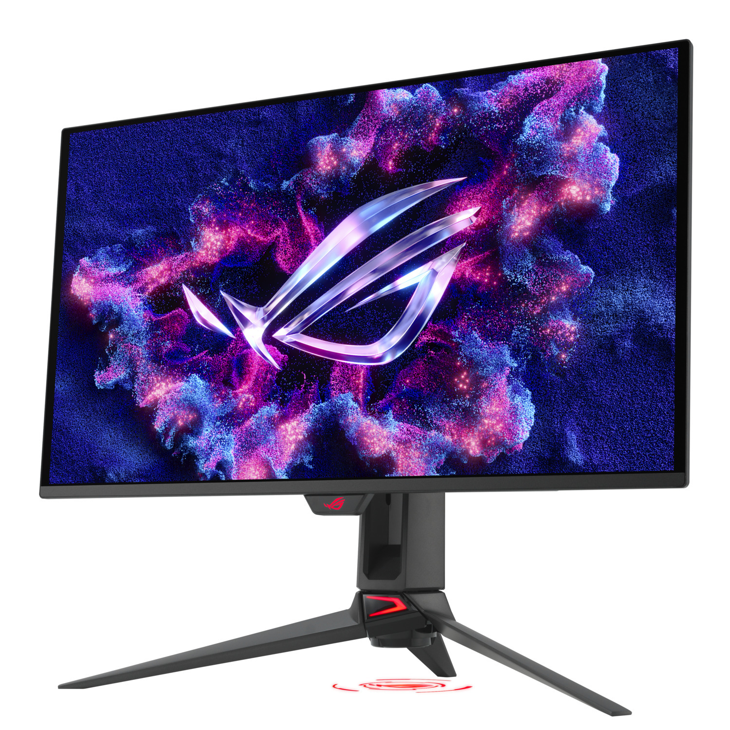 A curved gaming monitor with stand, displaying a colorful abstract image. White background.