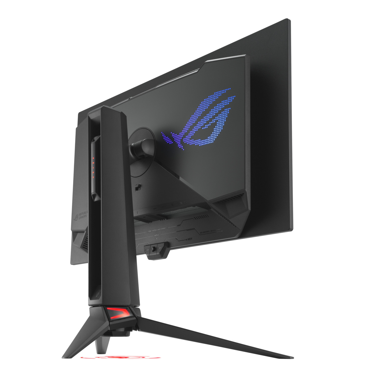 Black computer monitor, back view, with stand and a blue logo.