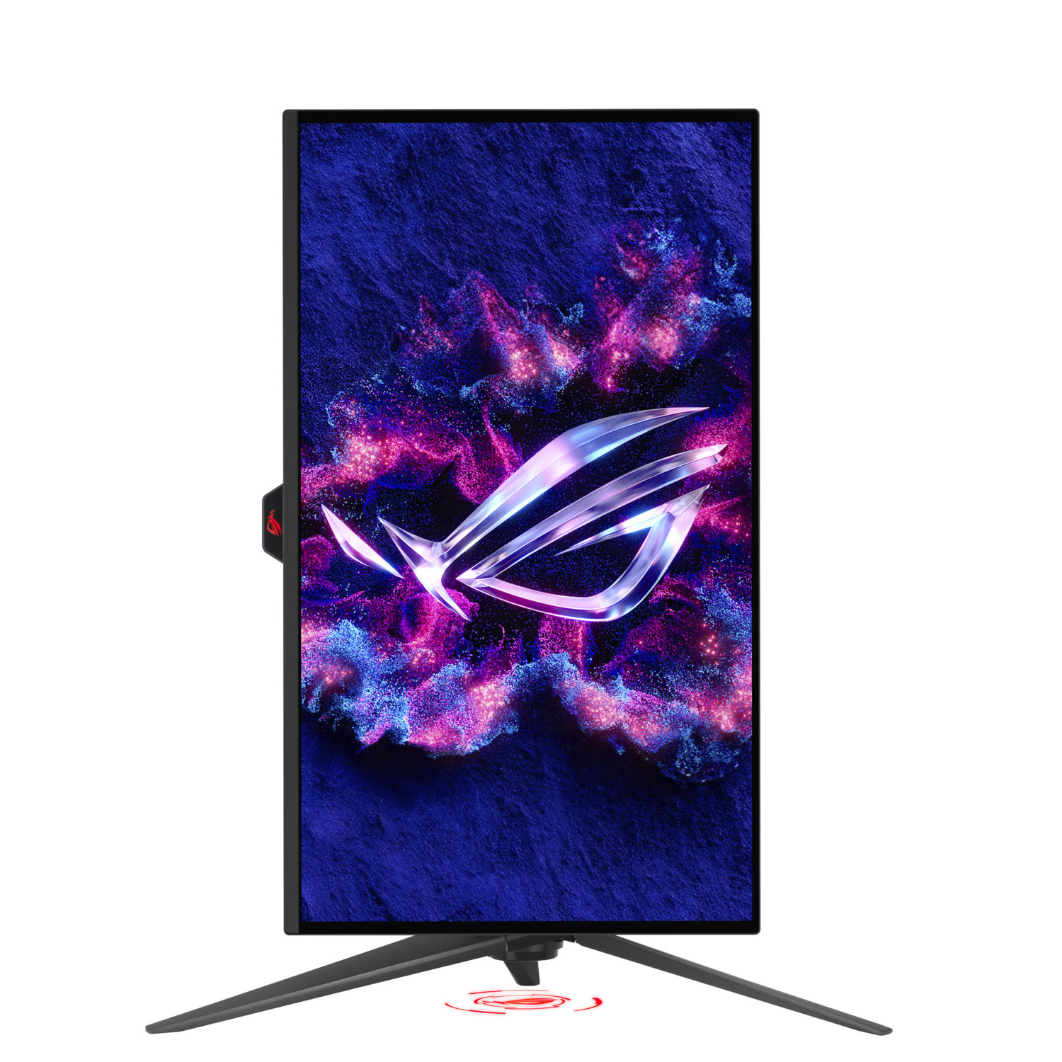 Monitor with a unique stand, showing a colorful digital art display.