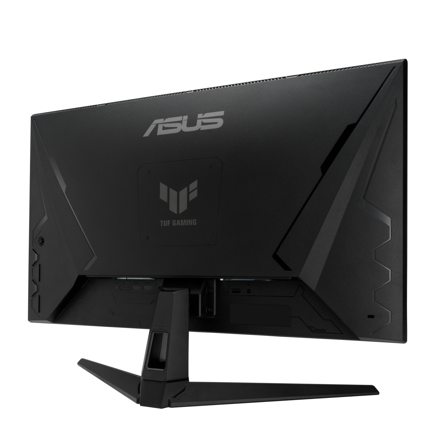 Back view of a black computer monitor with the ASUS and TUF GAMING logos.