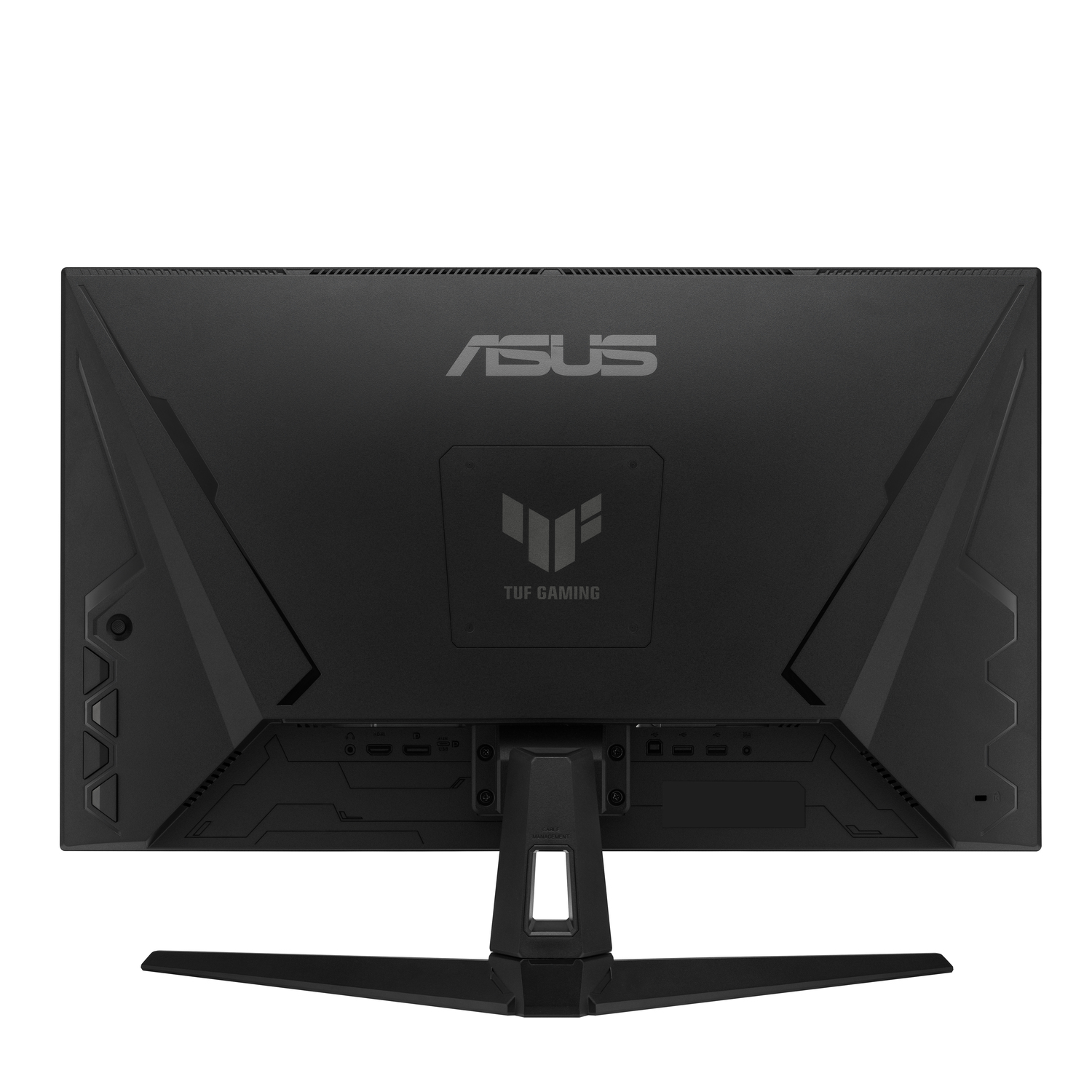 Rear view of a black ASUS TUF gaming monitor. The monitor has a stand and ports.