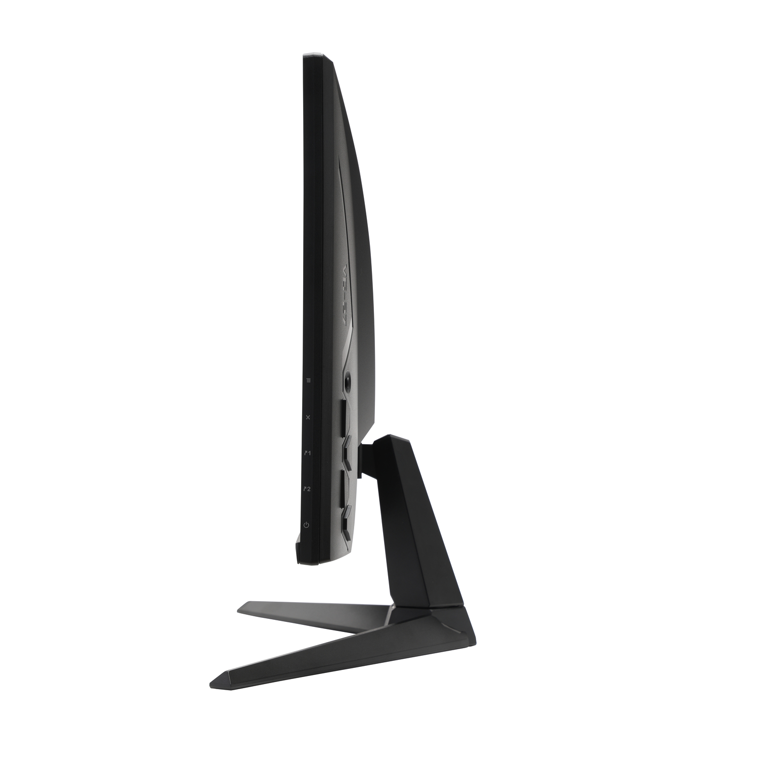 A black computer monitor in profile view. It has a base and buttons on the side.