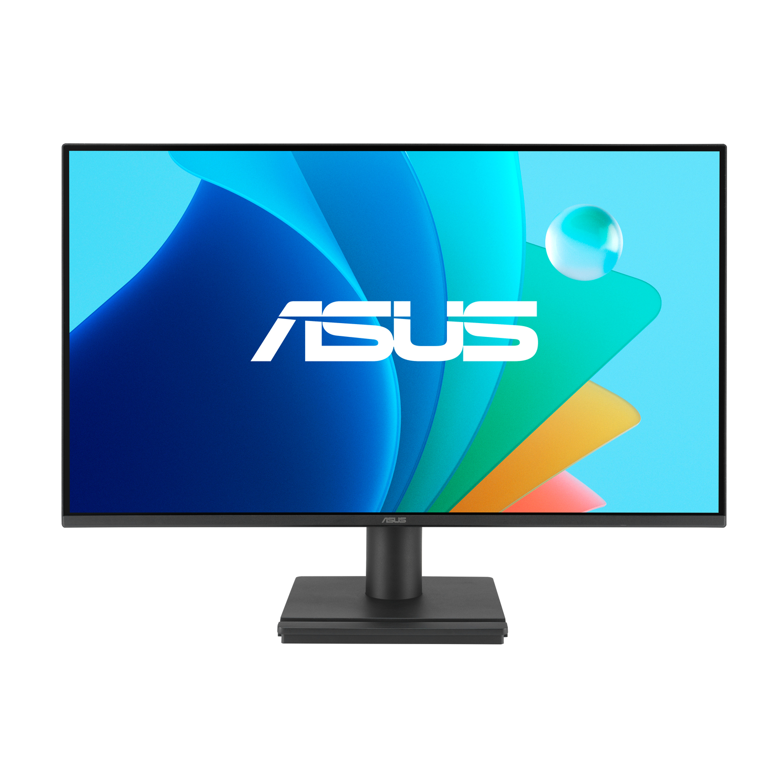 Moniteur d'ordinateur Asus sur un support noir, affichant une image abstraite colorée.