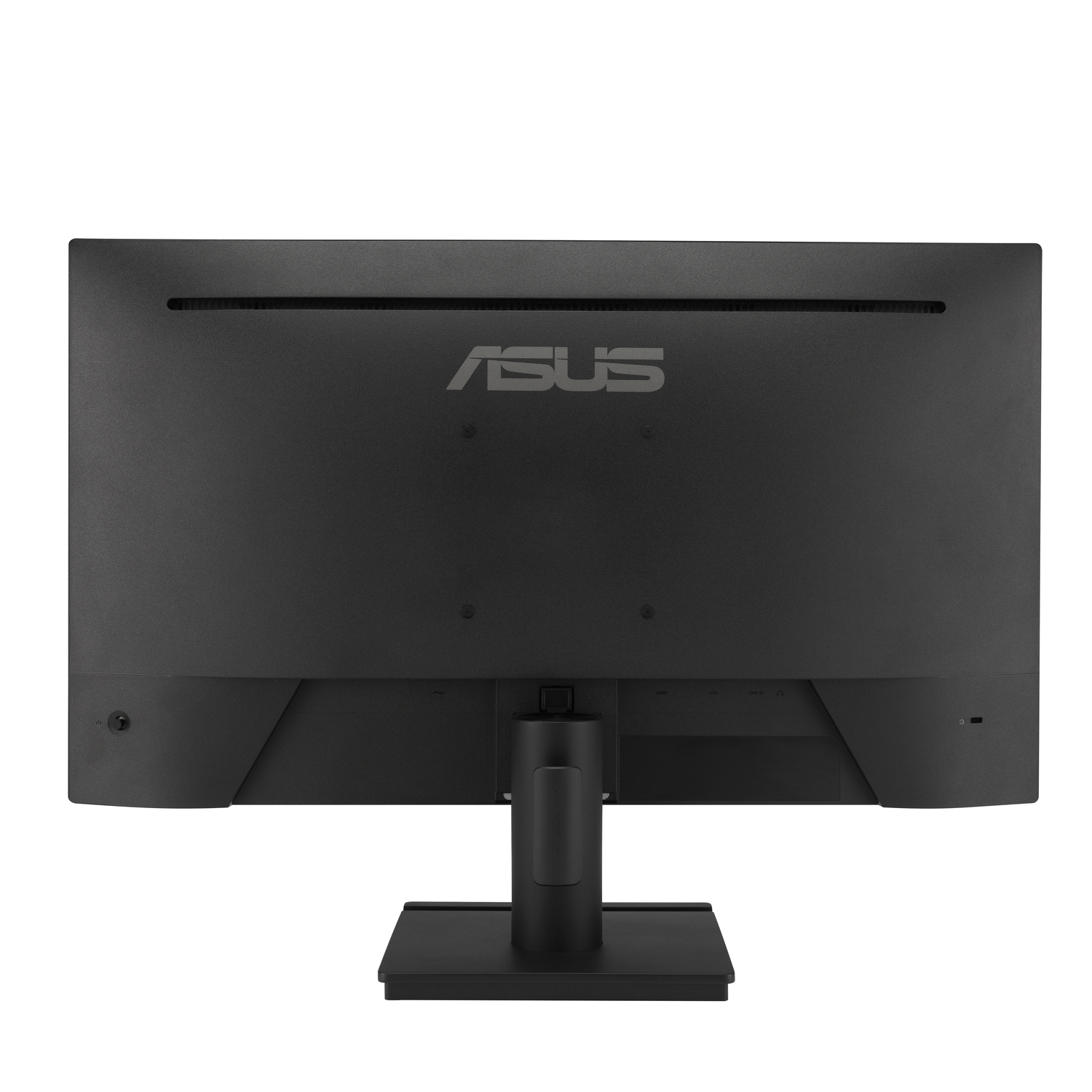Arrière d'un moniteur ASUS noir avec le logo ASUS et divers ports, y compris l'alimentation et d'autres ports de connexion.