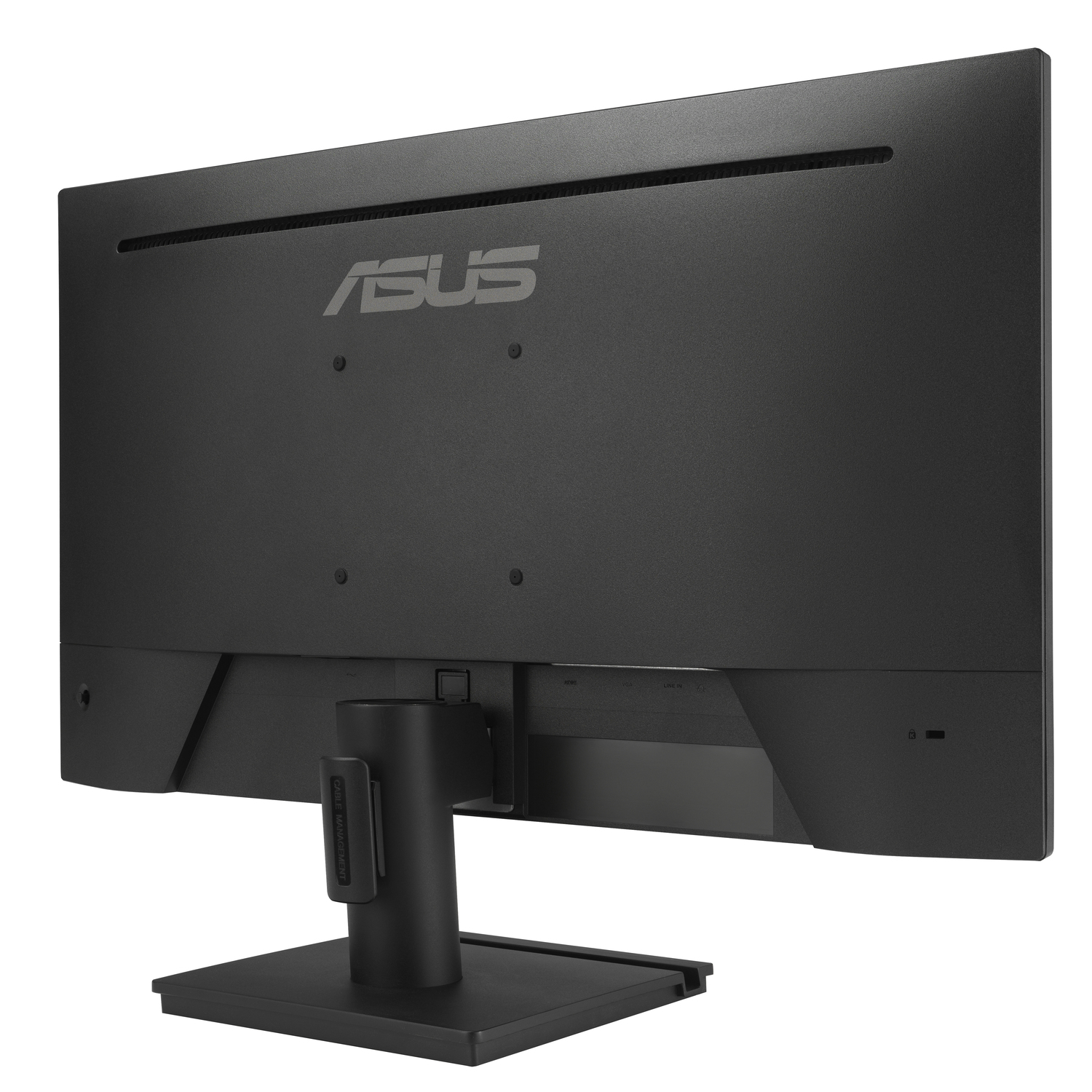 Arrière de moniteur d'ordinateur noir, logo ASUS. Support noir. Fond blanc.