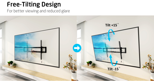 A falon lévő TV meg van döntve. A fali tartó látható, a szöveg pedig Free-Tilting Design.