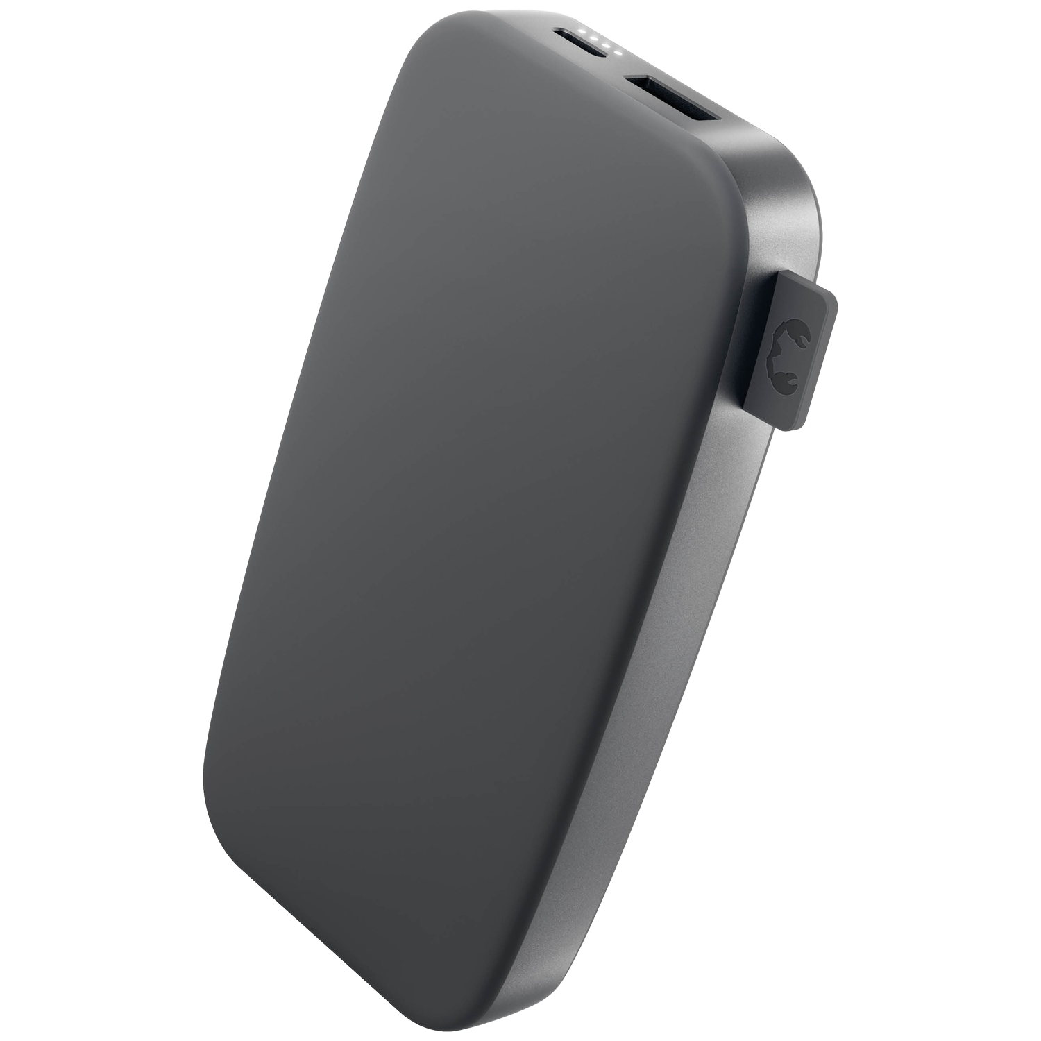 A dark gray power bank with rounded edges. It has a logo on a small tab, and several indicator lights.