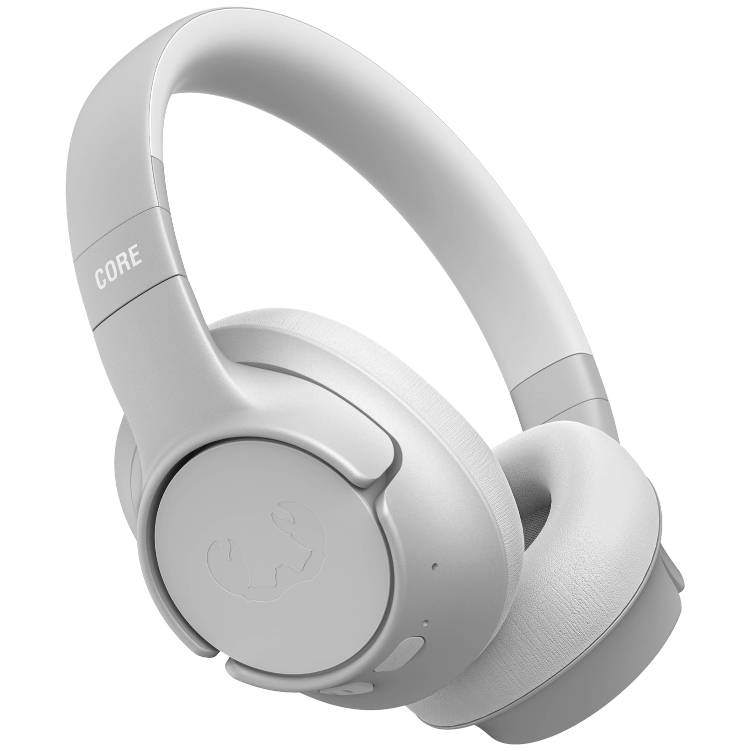Casque gris clair avec écouteurs, bandeau et rembourrage. Le mot "CORE" est imprimé sur le bandeau. Un logo est sur l'écouteur.
