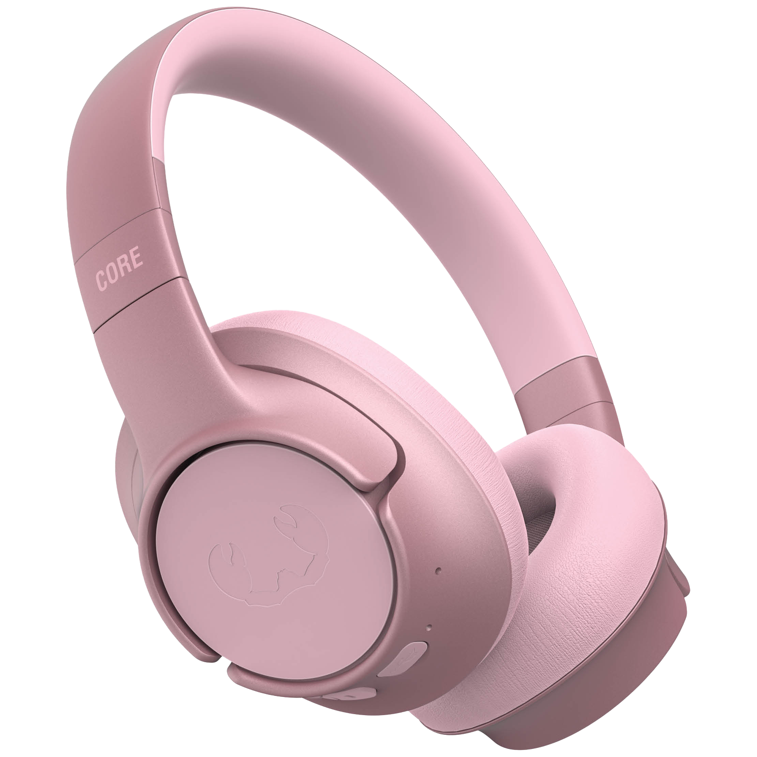 Casque sans fil rose. Le casque a un bandeau et des oreillettes, avec le mot CORE sur le bandeau. Le fond est blanc.