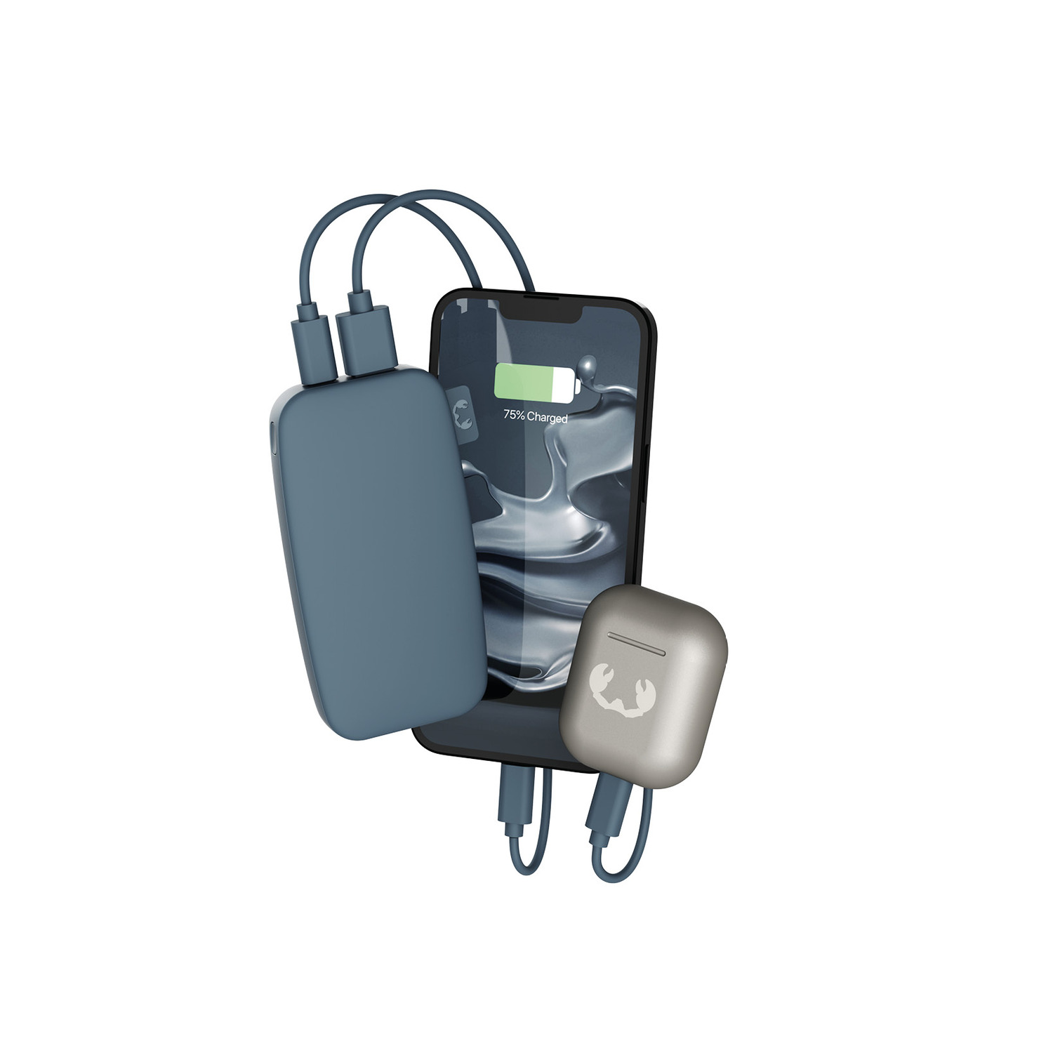Een telefoon die wordt opgeladen door een powerbank en een draadloze oortelefooncase.