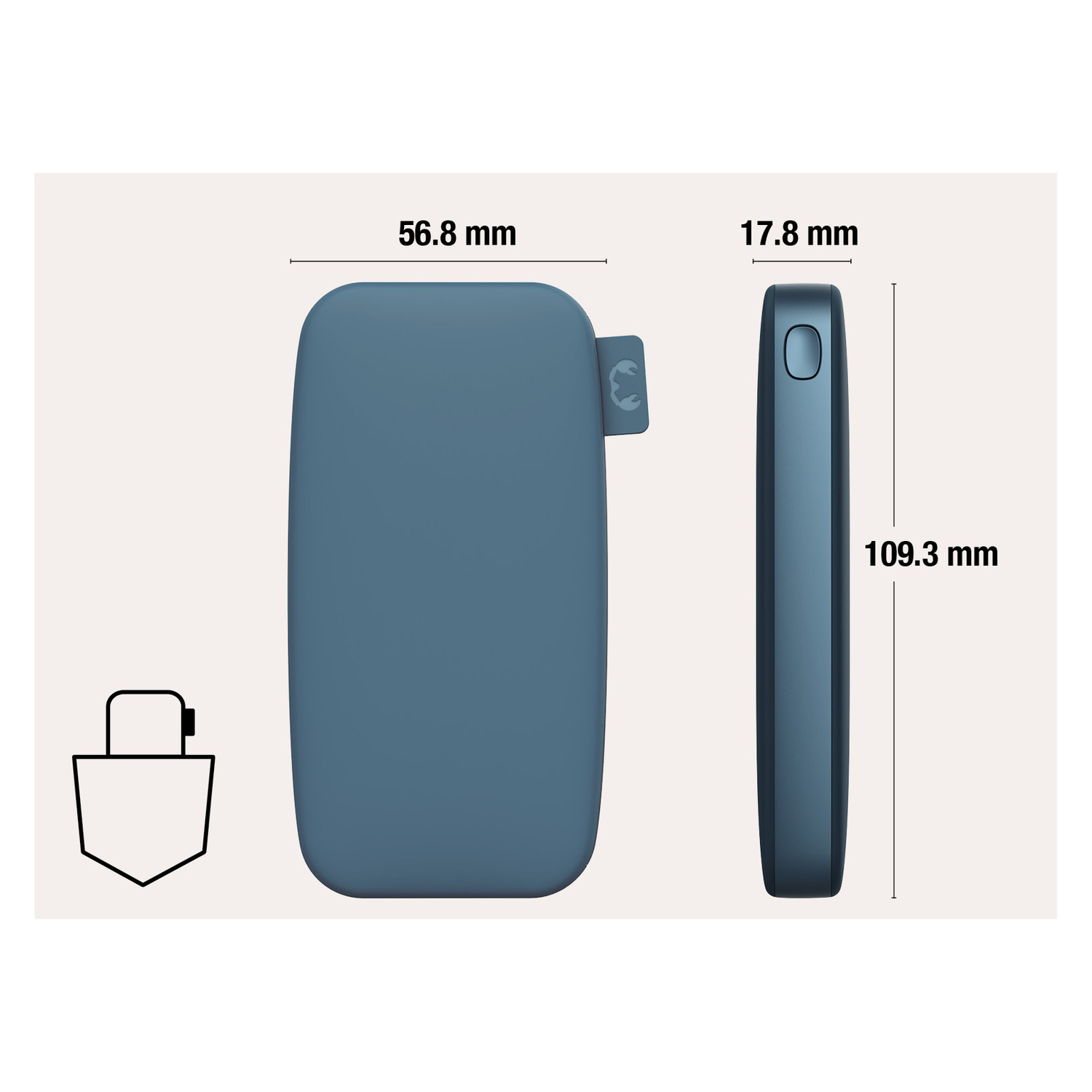 Een blauw apparaat met afmetingen en een zakpictogram.