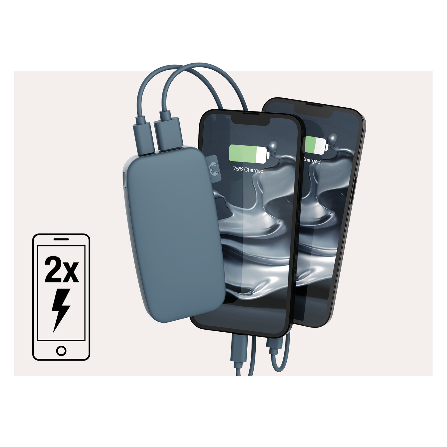 Twee telefoons die opladen via een blauwe powerbank. De telefoons tonen de laadstatus. Tekst: 2x Lightning.