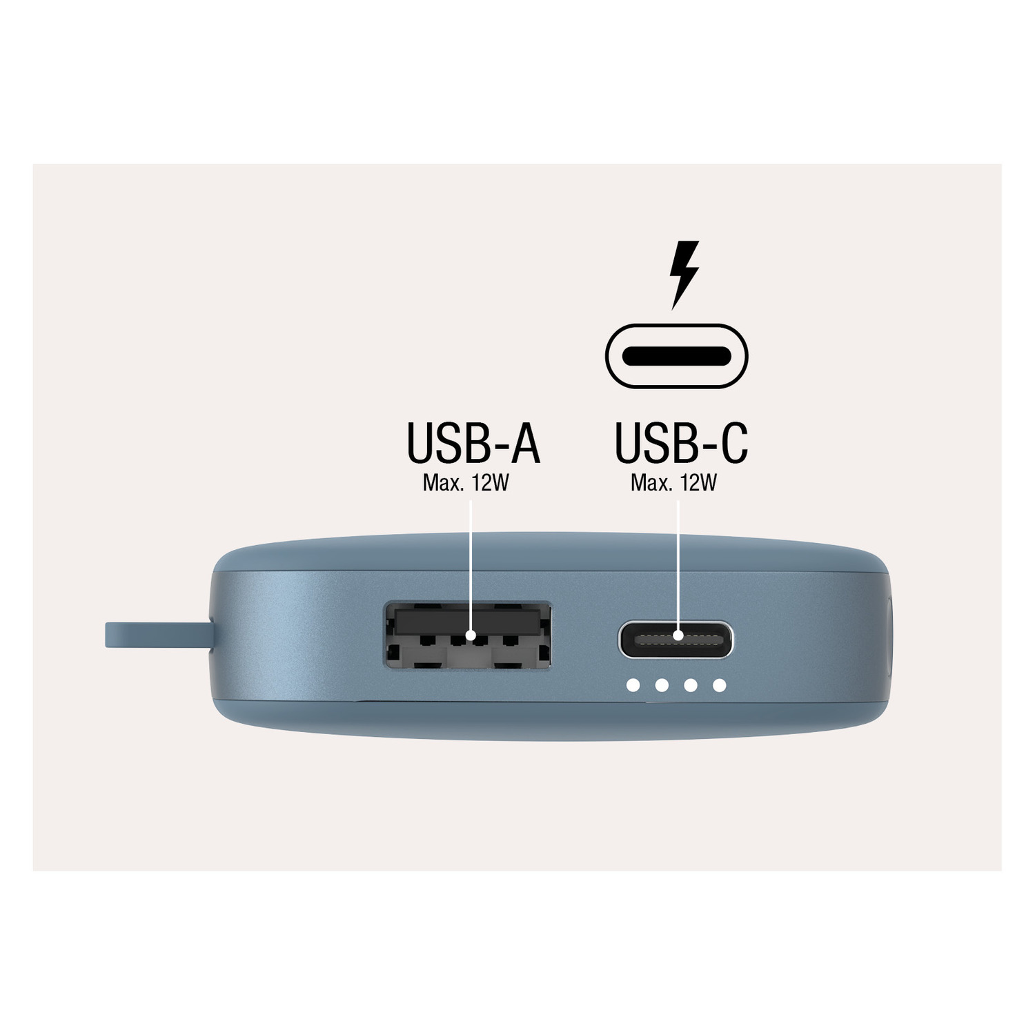 Blauwe powerbank. USB-A- en USB-C-poorten gelabeld. Thunderbolt-pictogram boven de USB-C-poort.
