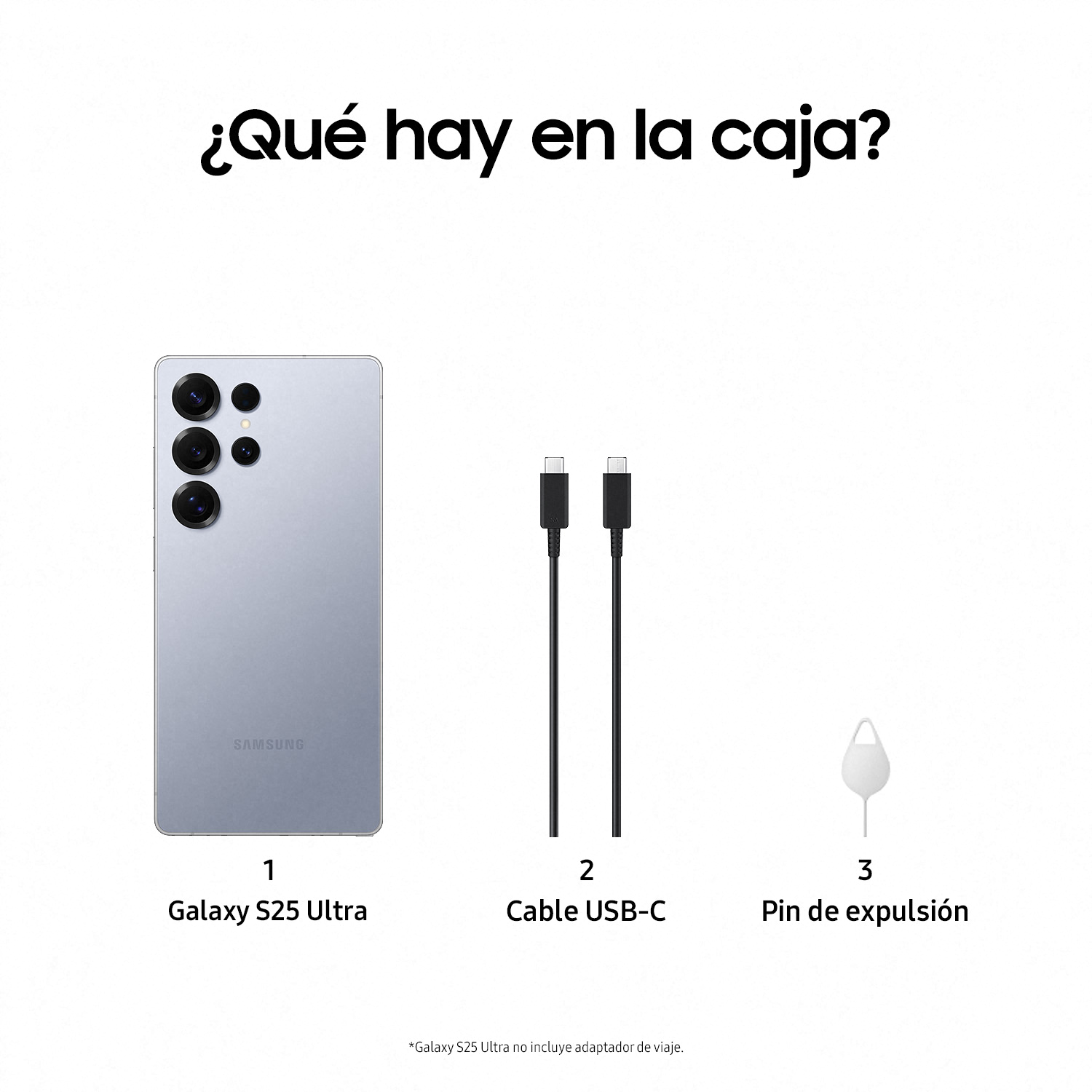 Contenido de la caja del Galaxy S25 Ultra: teléfono, cable USB-C y pin de expulsión SIM.