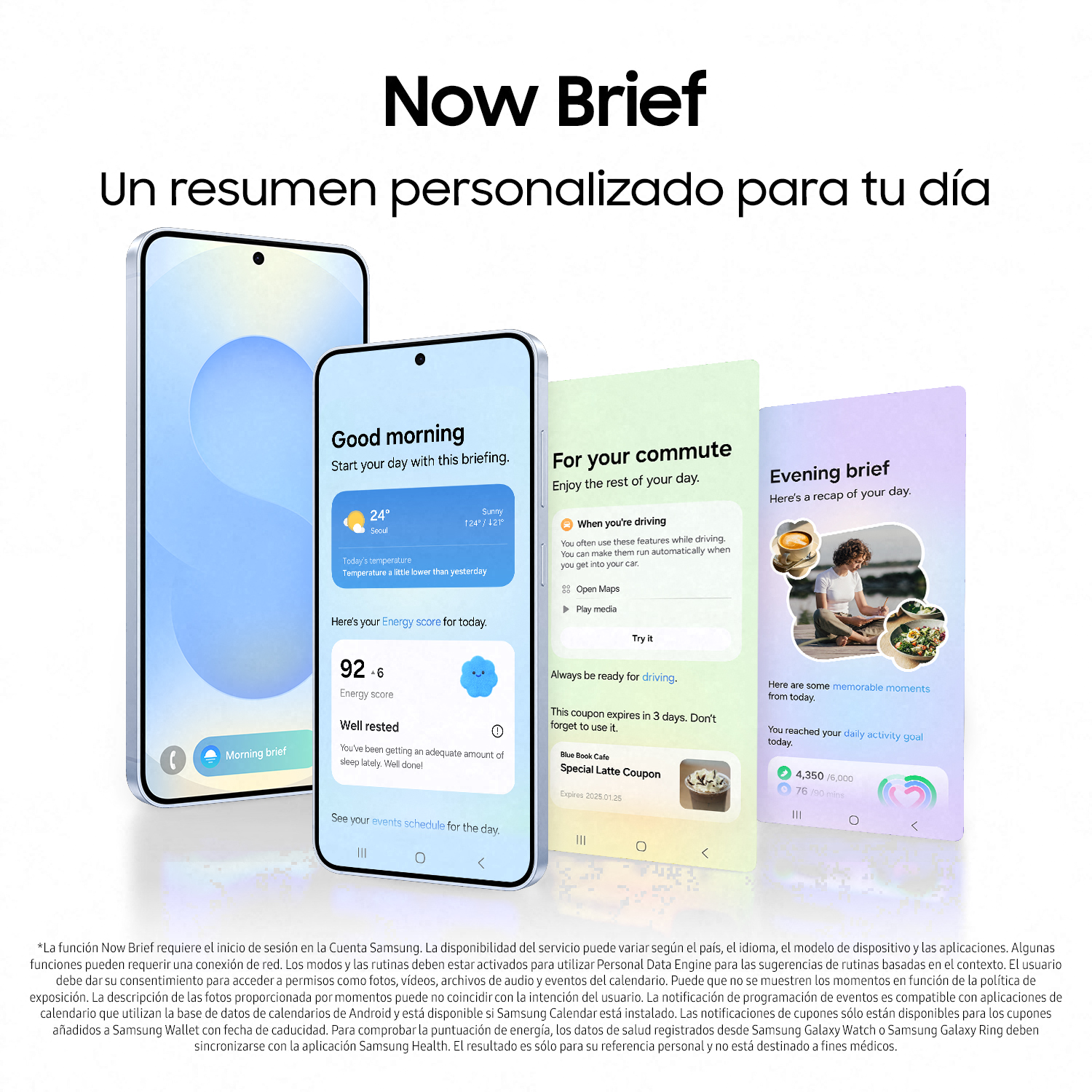 Smartphone mostrando resúmenes de noticias personalizados, con varias pantallas, sobre fondo blanco.