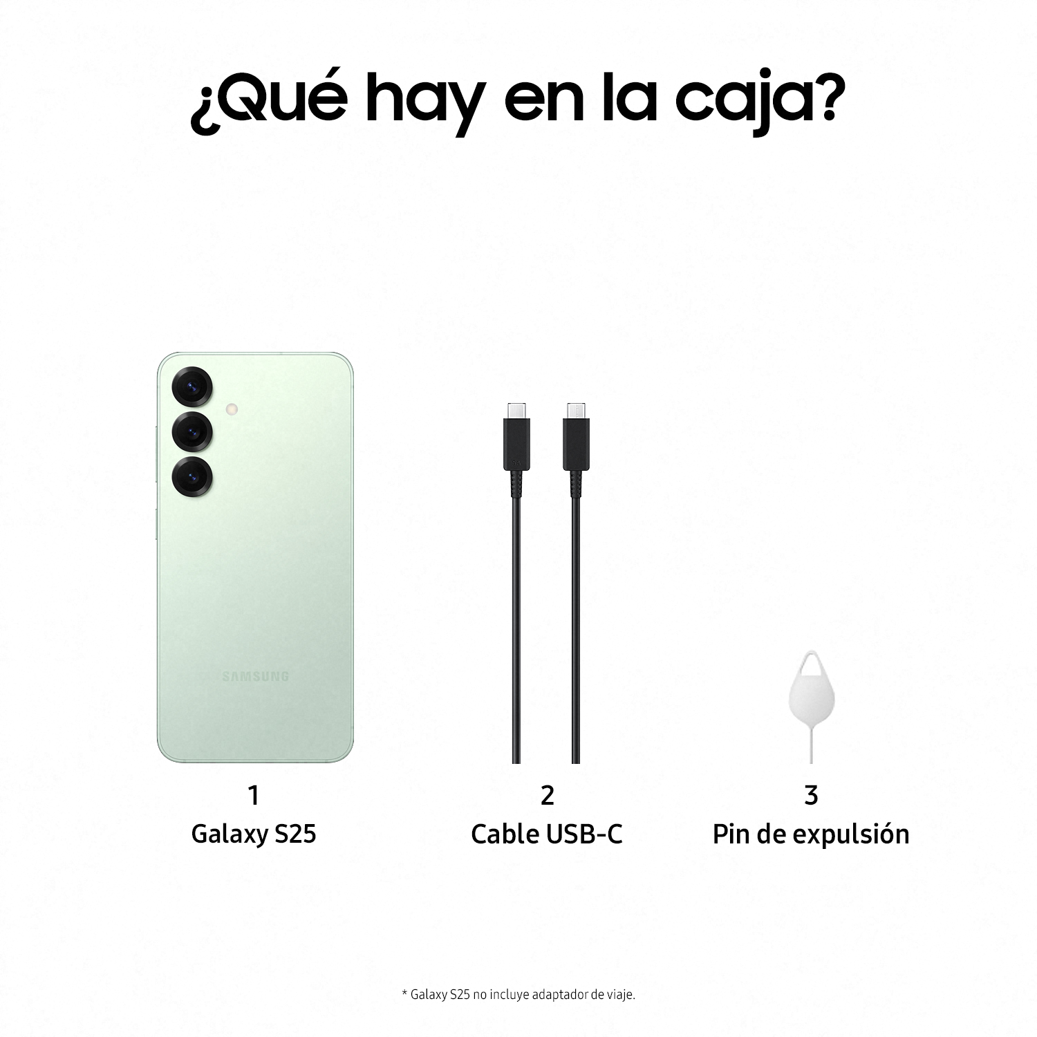 Samsung Galaxy S25 verde, cable USB-C y pin de expulsión de tarjeta SIM. El texto está en español.