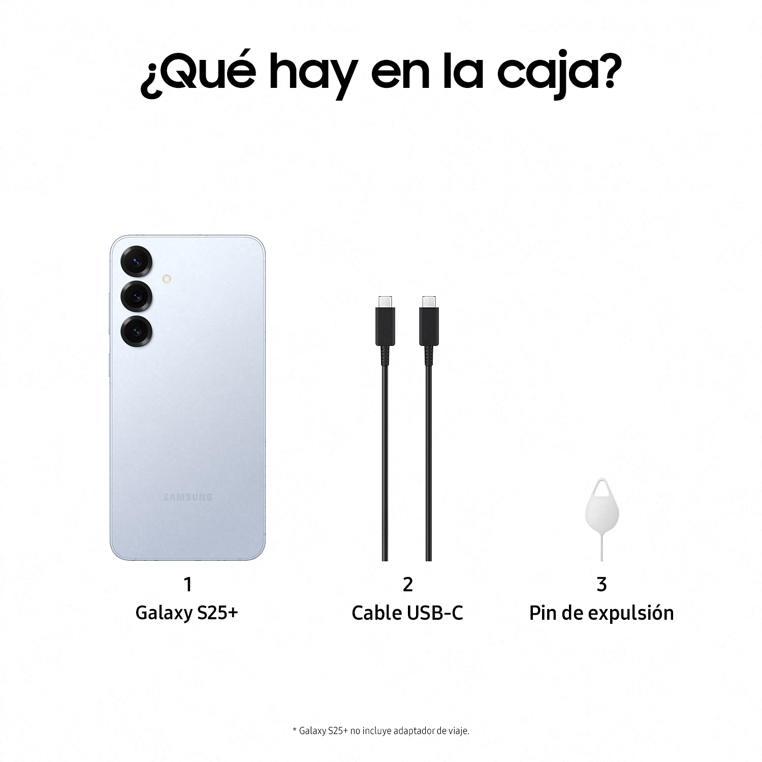 Teléfono, dos cables y una clavija de expulsión; el texto dice: '¿Qué hay en la caja?'