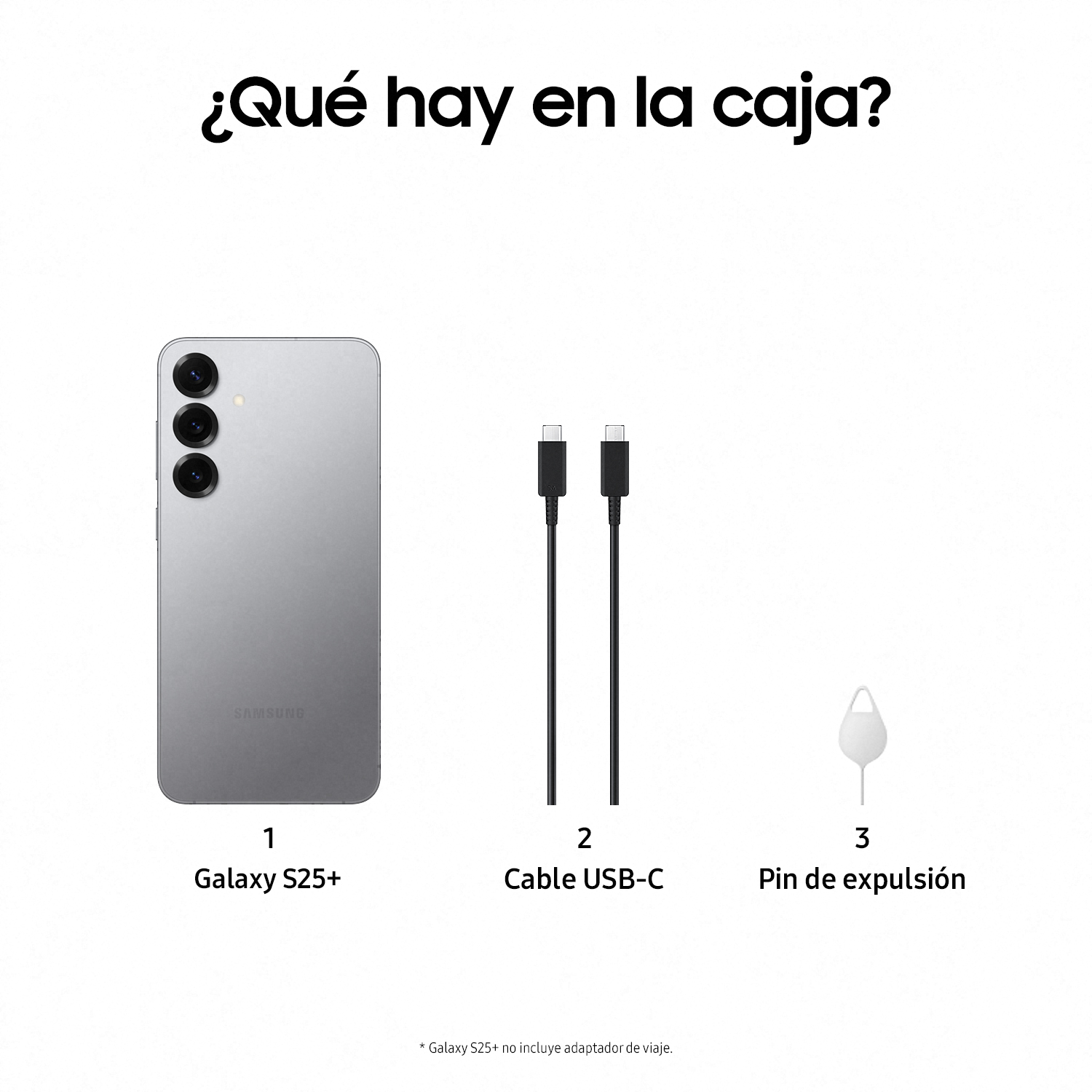 Imagen muestra un teléfono, un cable USB-C y un pin de expulsión SIM sobre fondo blanco.