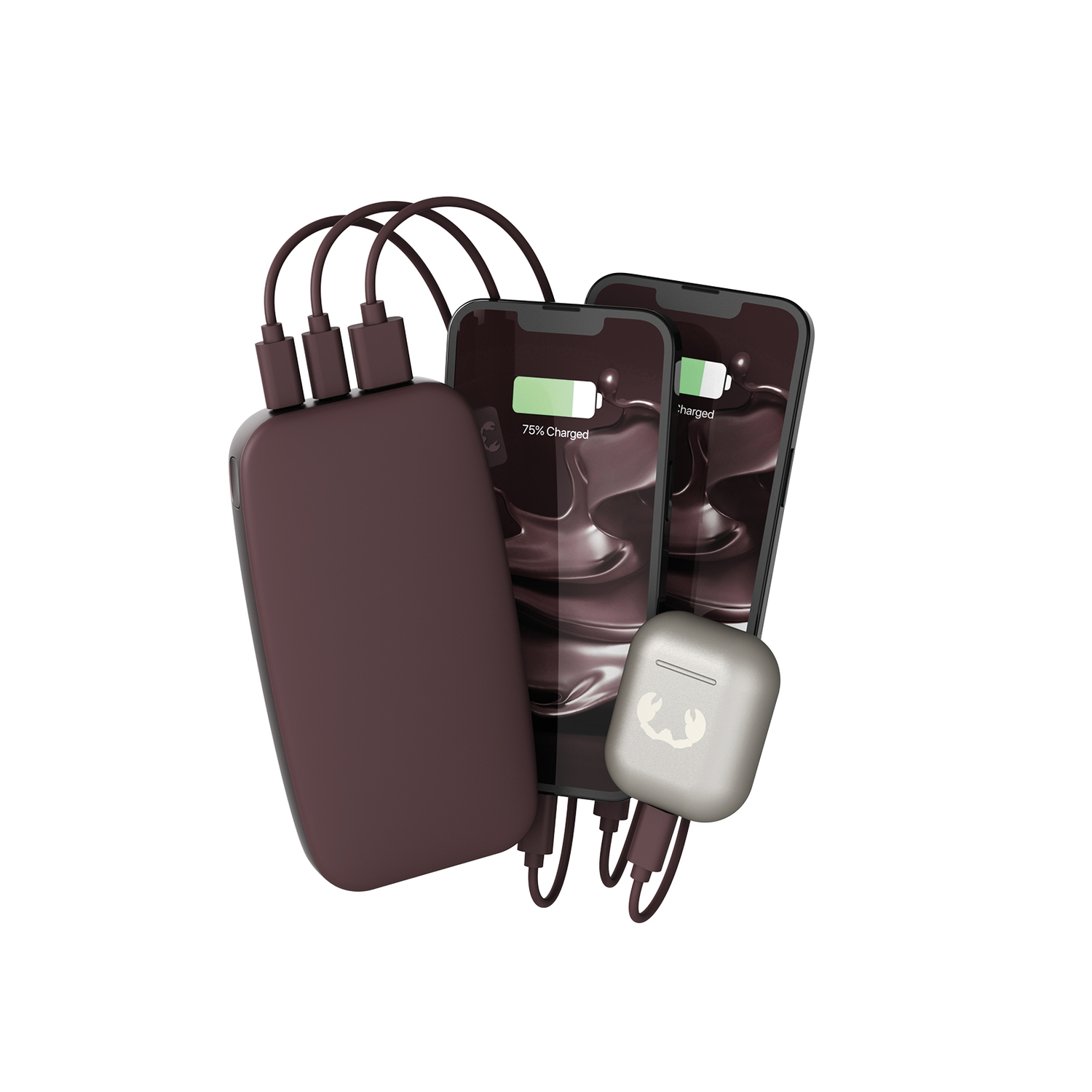 Batterie externe bordeaux avec trois câbles, chargeant deux téléphones et étui Airpods.