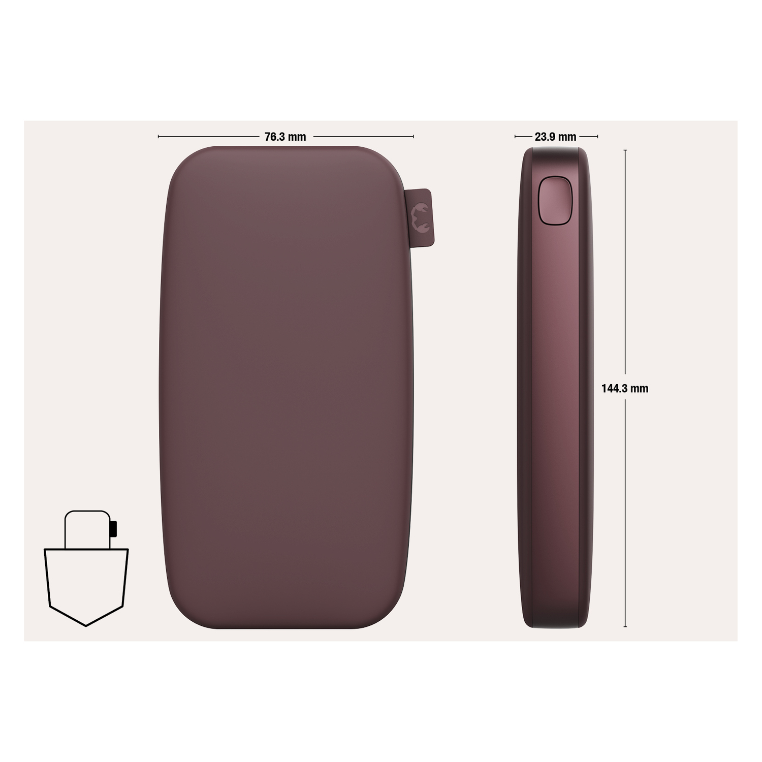 Un objet avec dimensions indiquées : 76,3 mm, 23,9 mm et 144,3 mm. Il est de couleur marron foncé.