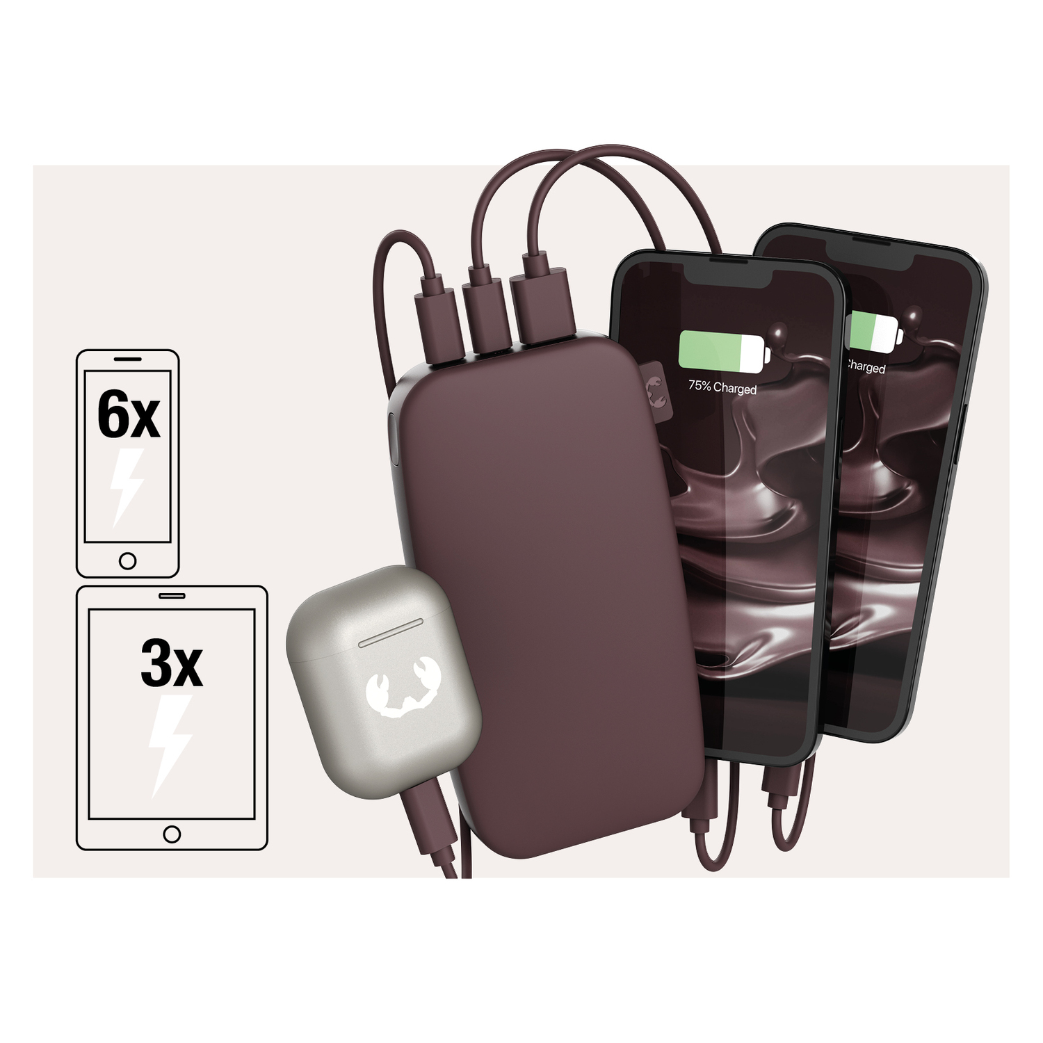 Une batterie externe avec 3 téléphones et 1 étui connectés. Affiche la capacité de charge de 6 téléphones et 3 tablettes à gauche.