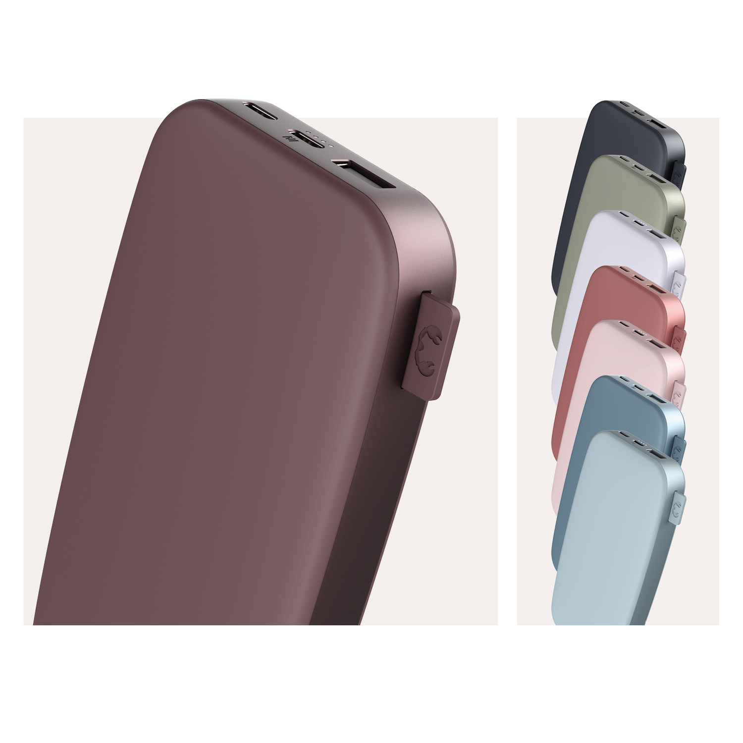 Batterie externe en plusieurs couleurs, montrant une vue latérale avec ports et un bouton.