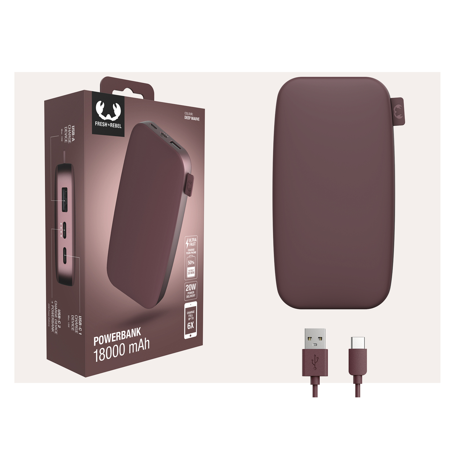 Batterie externe marron avec boîte, câble de charge et accessoires.