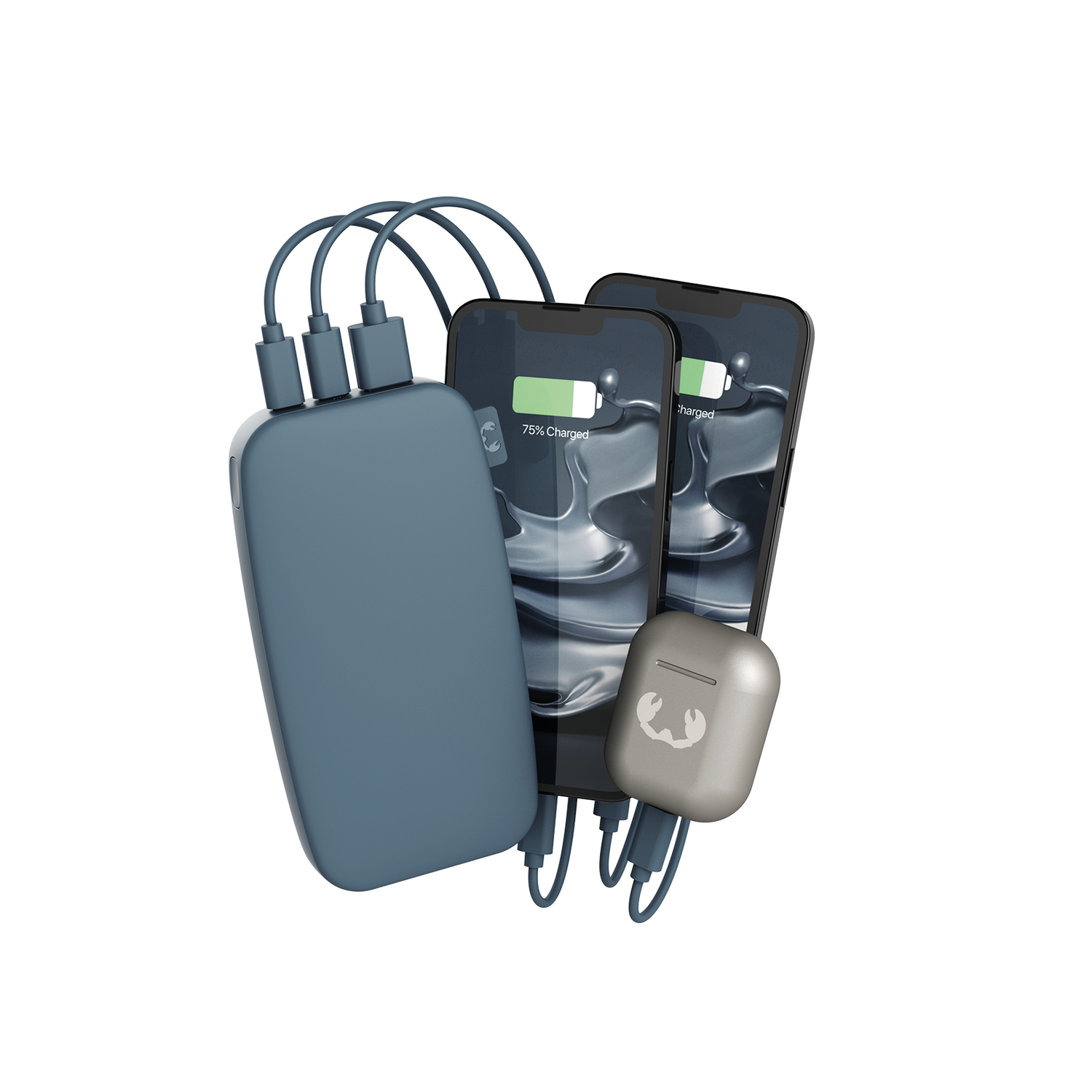 Batterie externe bleue chargeant trois téléphones et un étui d'écouteurs.