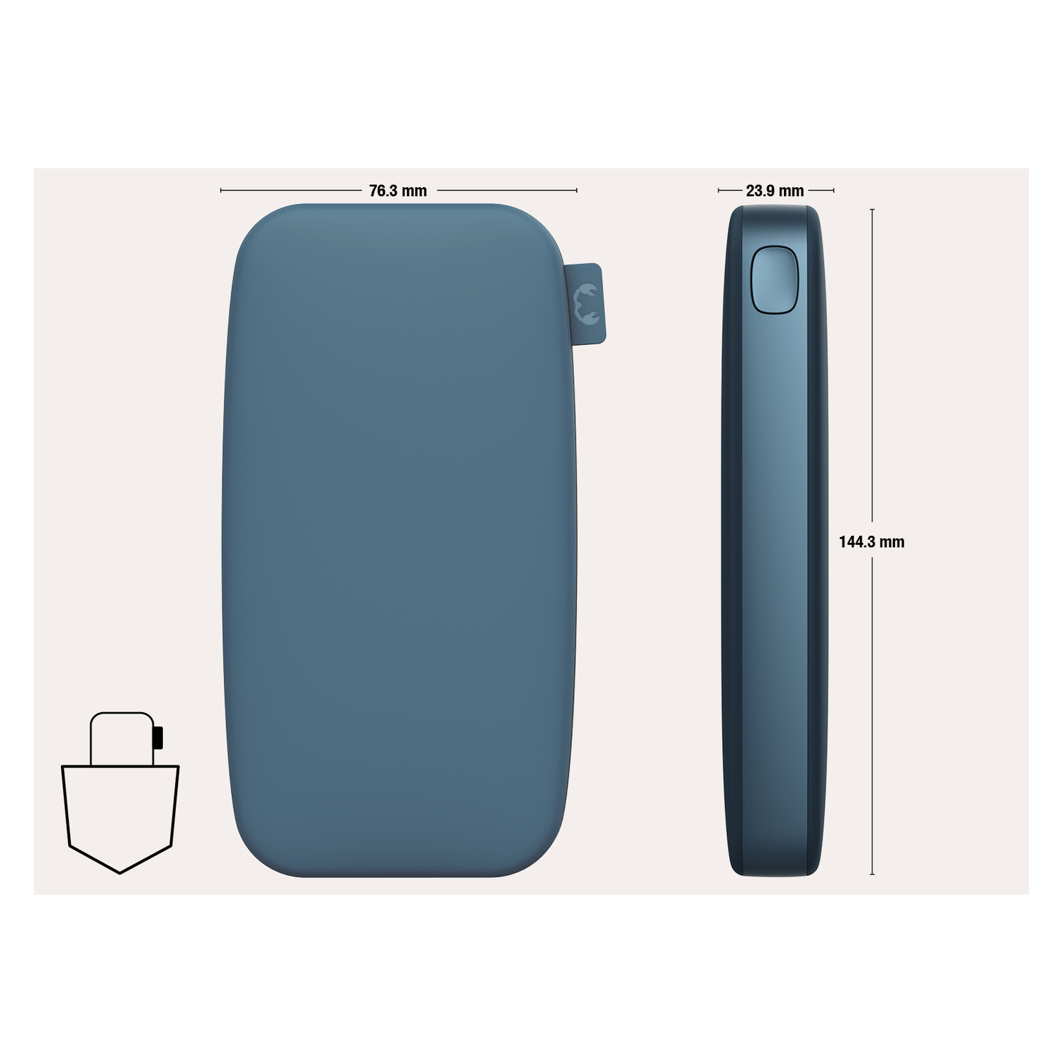 Deux vues d'un chargeur portable bleu. L'une montre les dimensions, l'autre une silhouette de poche.