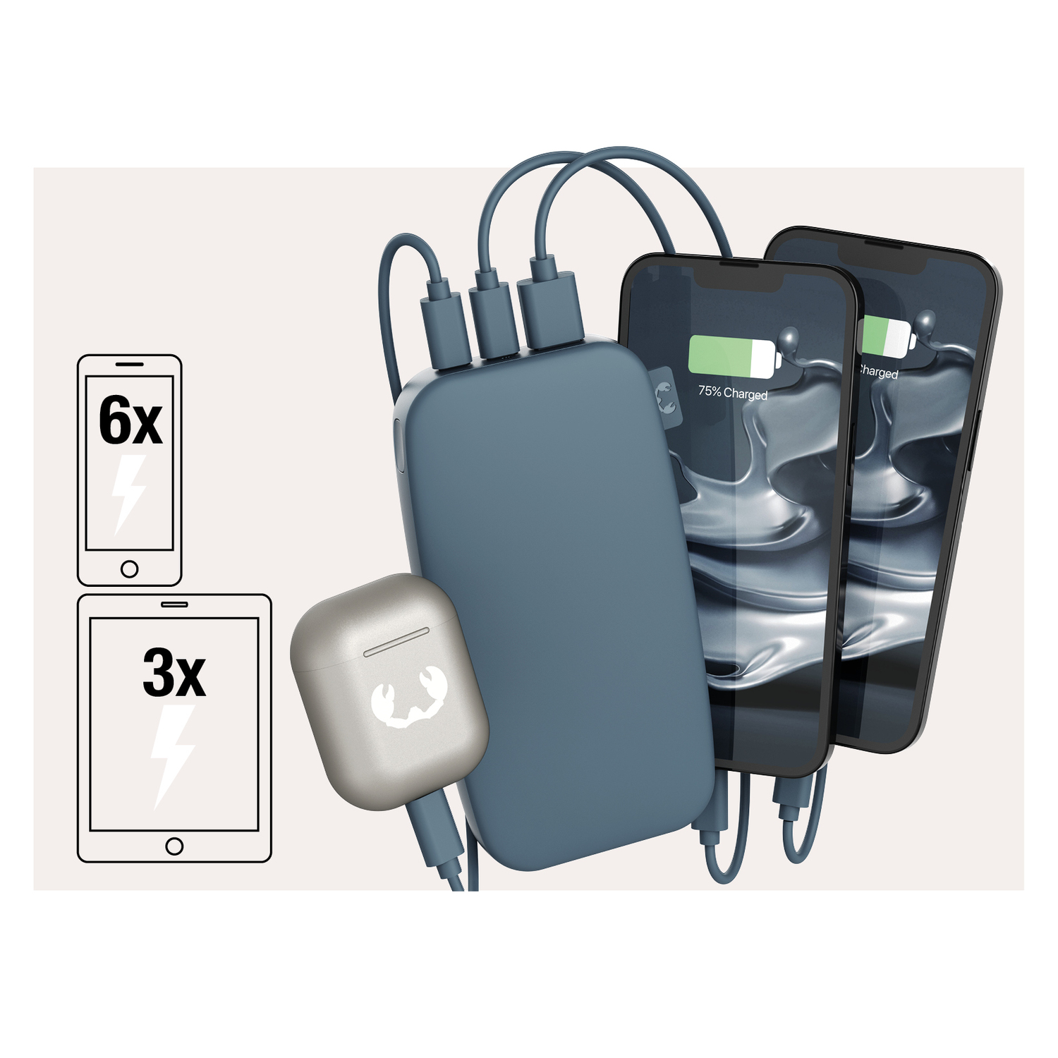 Batterie externe chargeant deux téléphones et un étui d'écouteurs. Affiche les symboles de charge : 6x téléphone, 3x tablette.