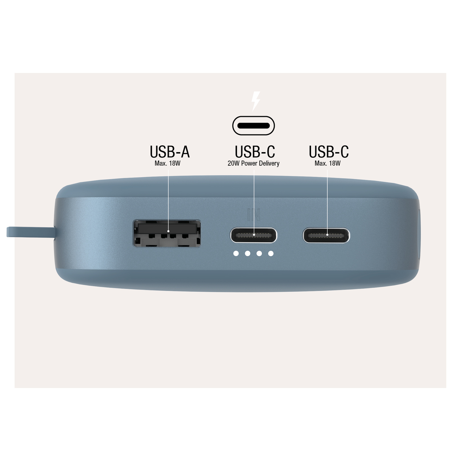Une batterie externe bleue avec des ports USB étiquetés USB-A et USB-C.