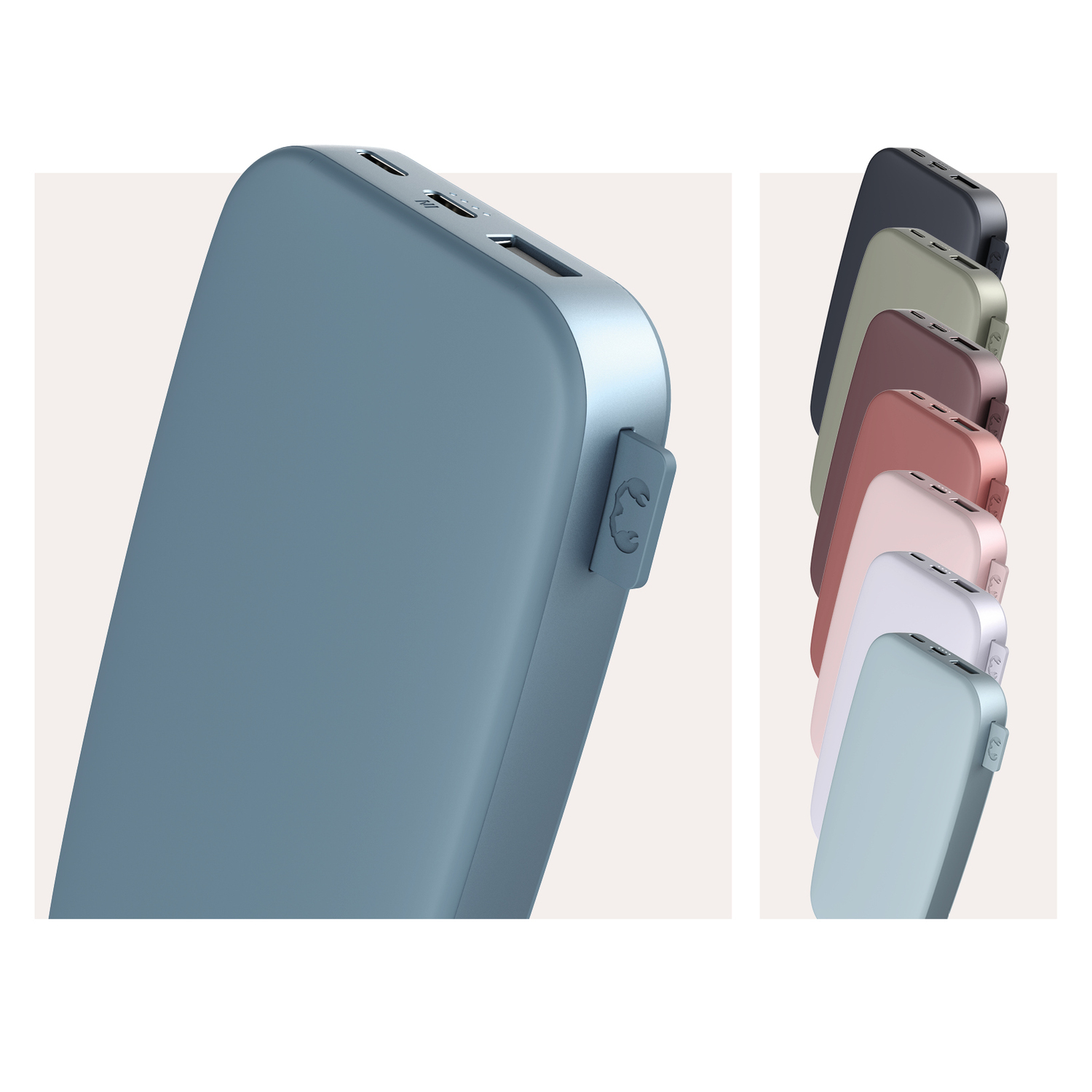 Gros plan d'une batterie externe en plusieurs couleurs, avec des ports USB.