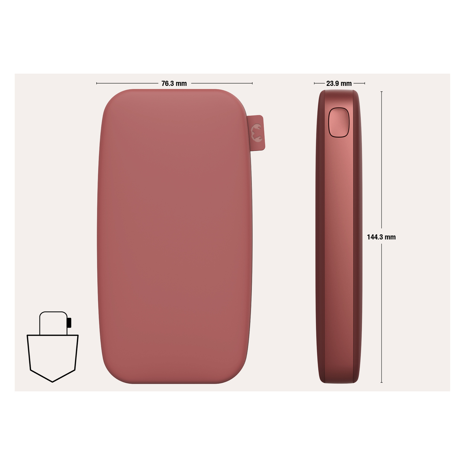 Deux vues d'une batterie externe rouge. Les dimensions sont indiquées. Une petite poche et un dessin d'une prise.