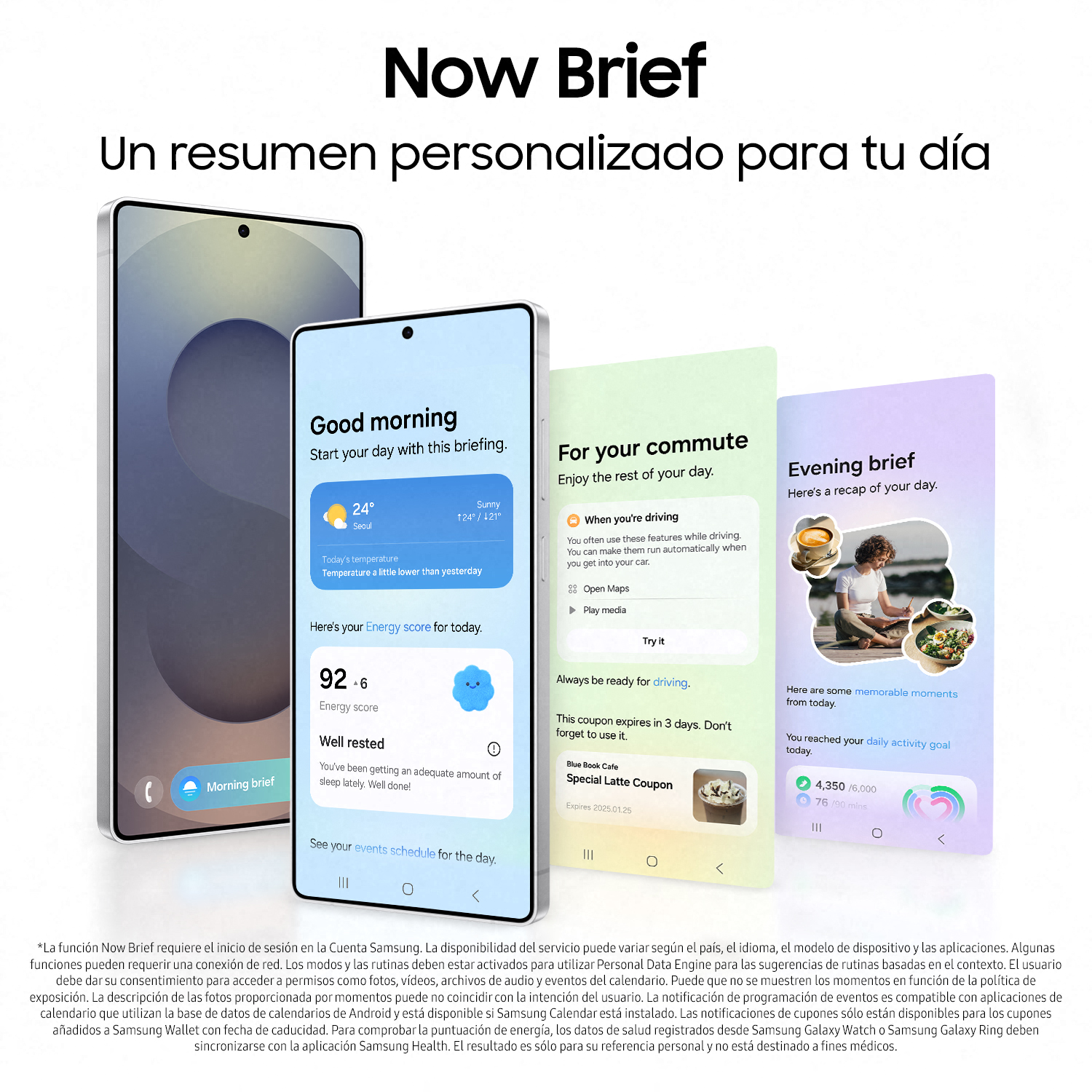 Pantallas de tres teléfonos inteligentes con diferentes interfaces de aplicaciones, que muestran resúmenes diarios personalizados.