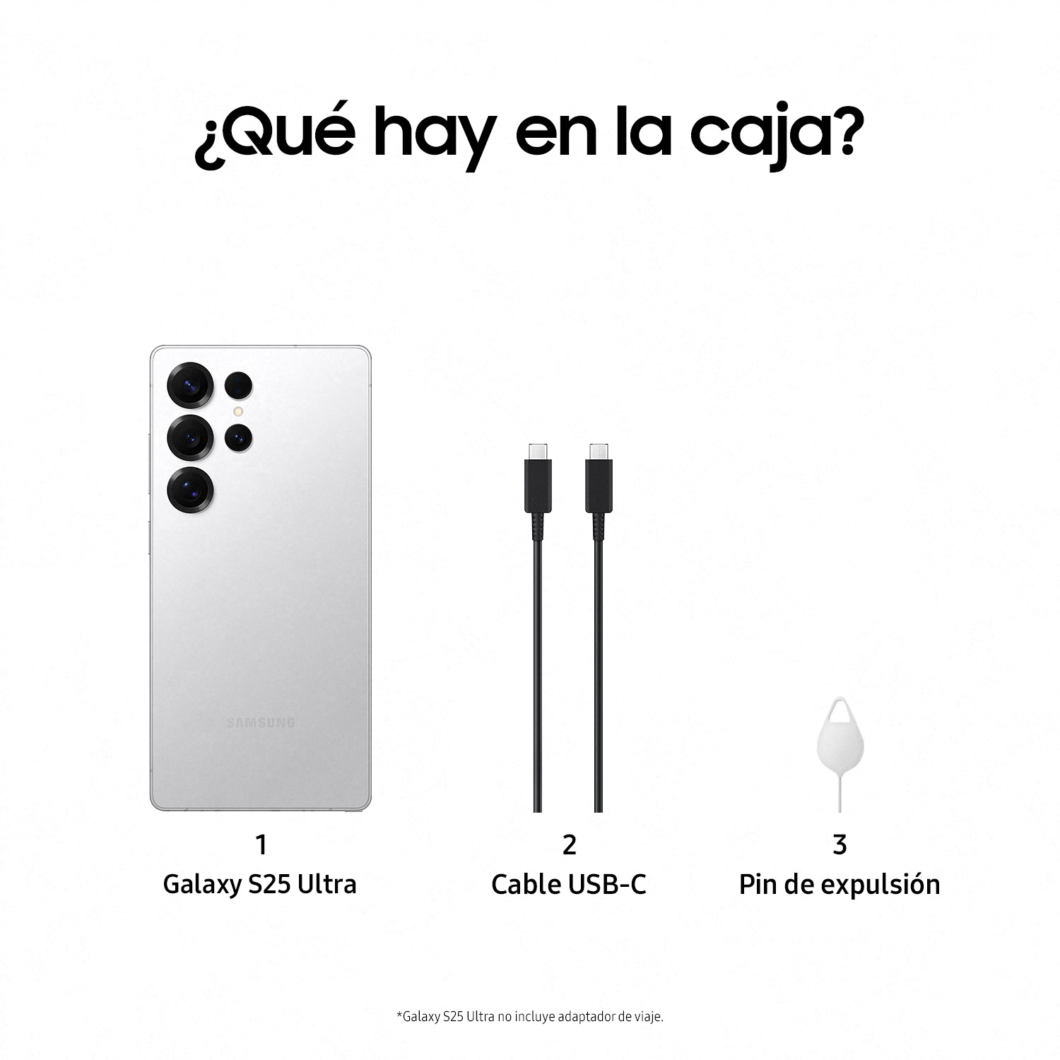 Teléfono blanco Samsung S25 Ultra, dos cables USB-C y pin de expulsión SIM sobre fondo blanco.