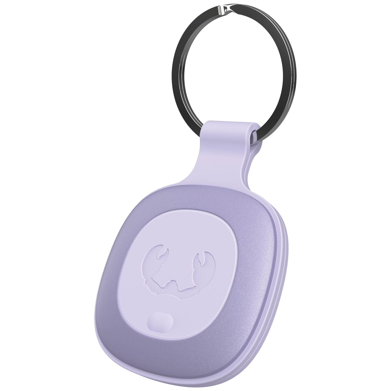 A light purple keychain with a crab symbol. It has a metallic ring and a rounded tag, set against a white background.