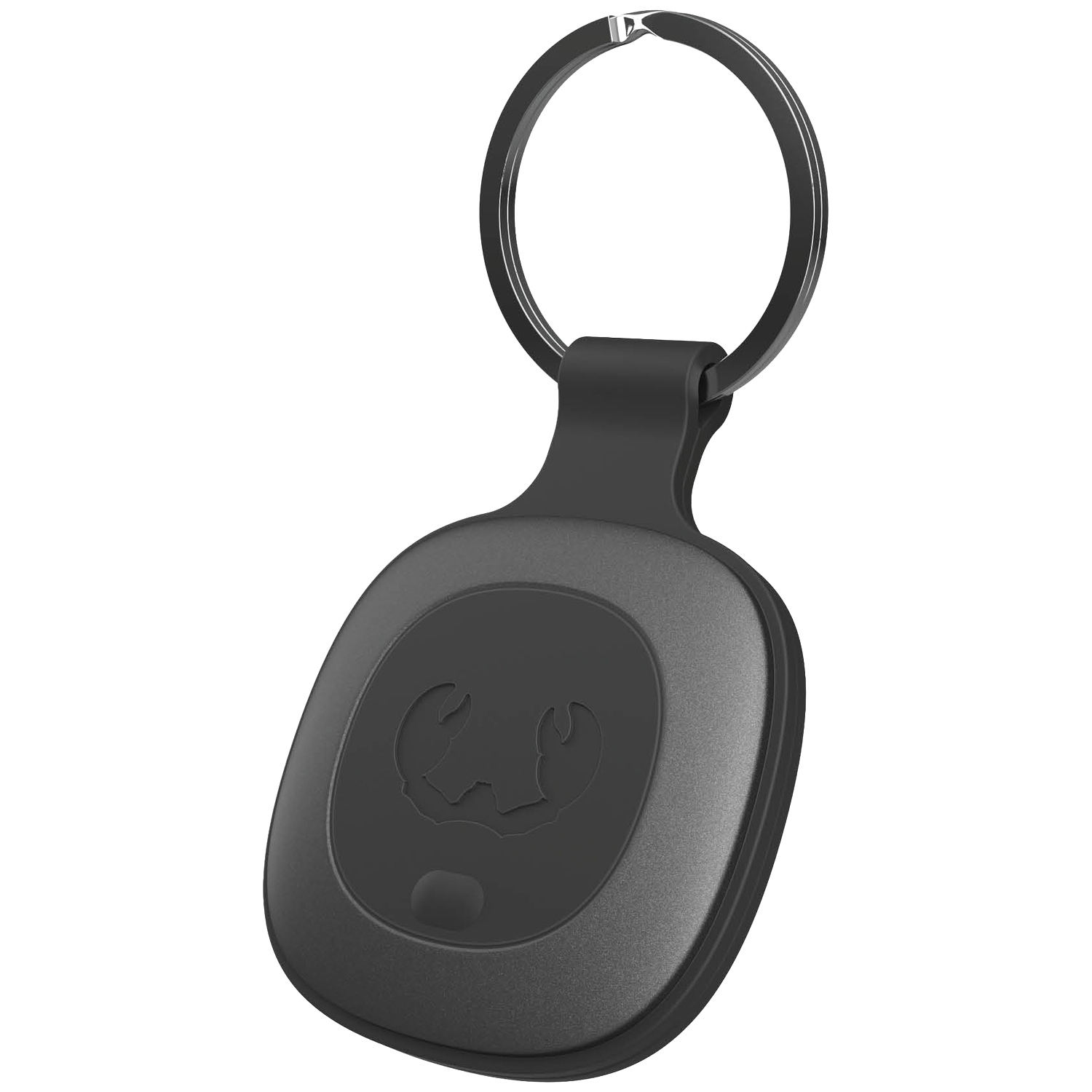 A black keychain with a crab logo. It has a ring at the top and a rounded, oval-shaped tag. The background is white.