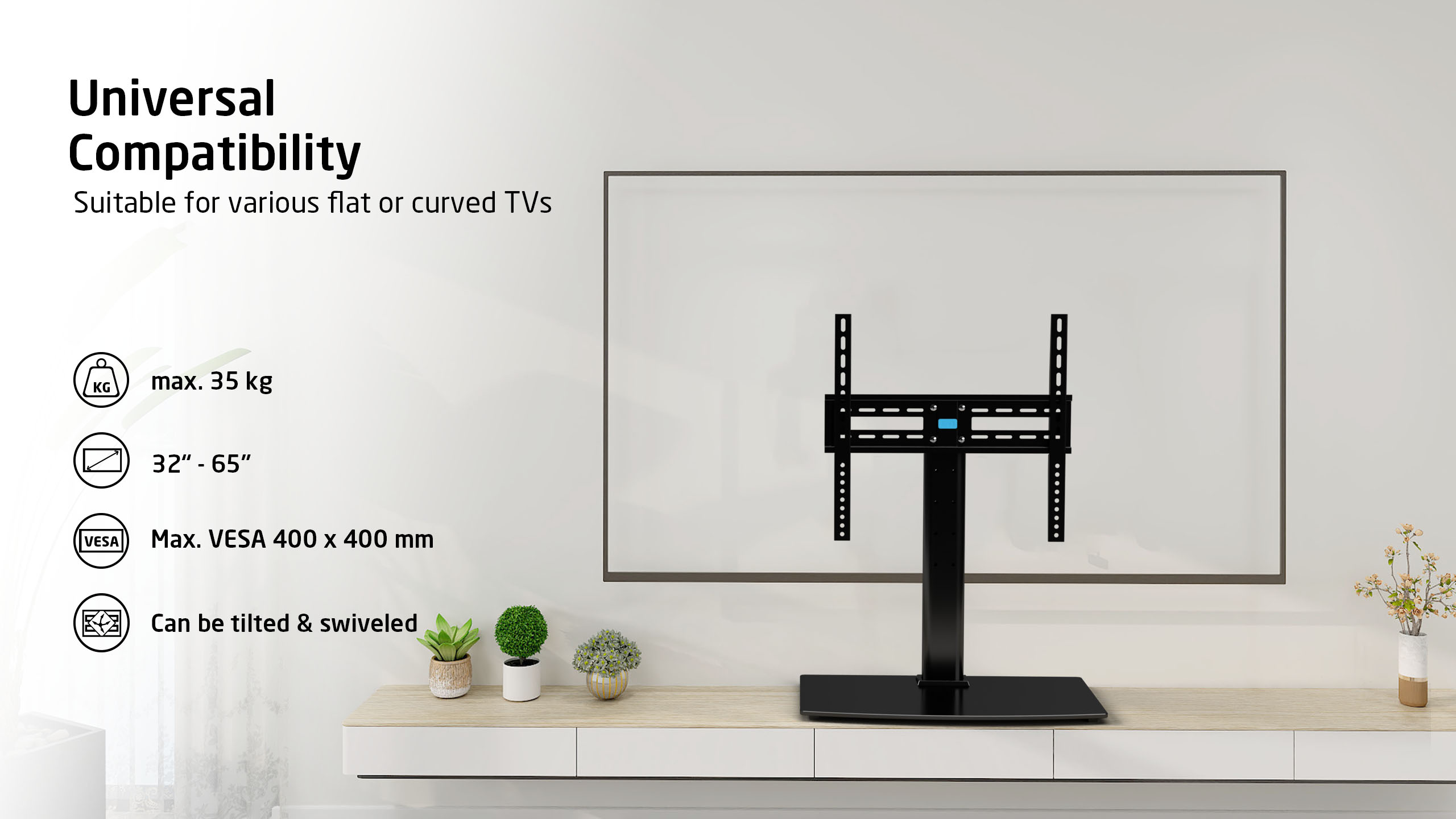 Egy fekete TV állvány, rajta egy TV-vel.