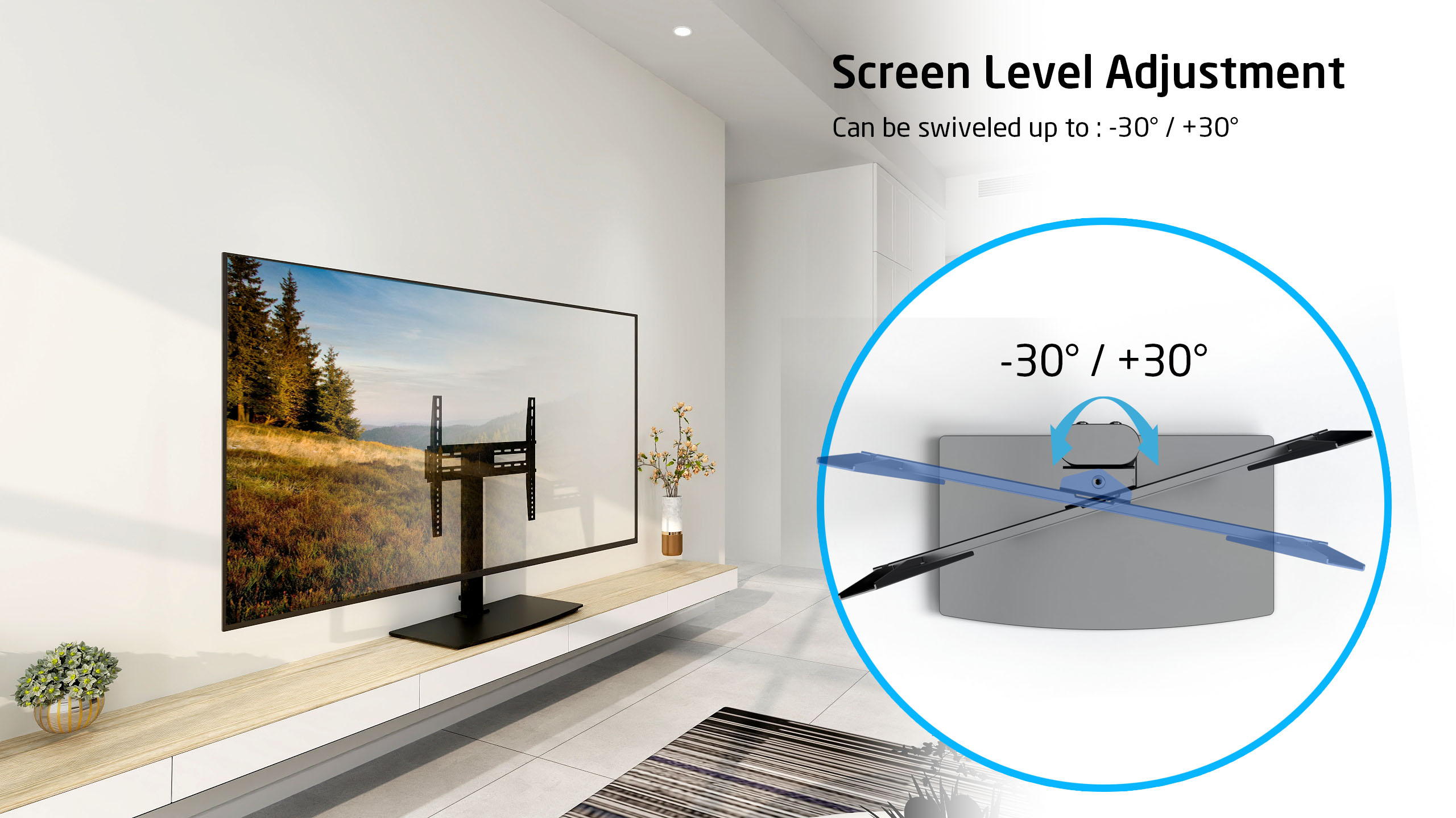 TV képernyő állvánnyal. A szöveg és a diagram a képernyő szintbeállítási lehetőségeit mutatja be.
