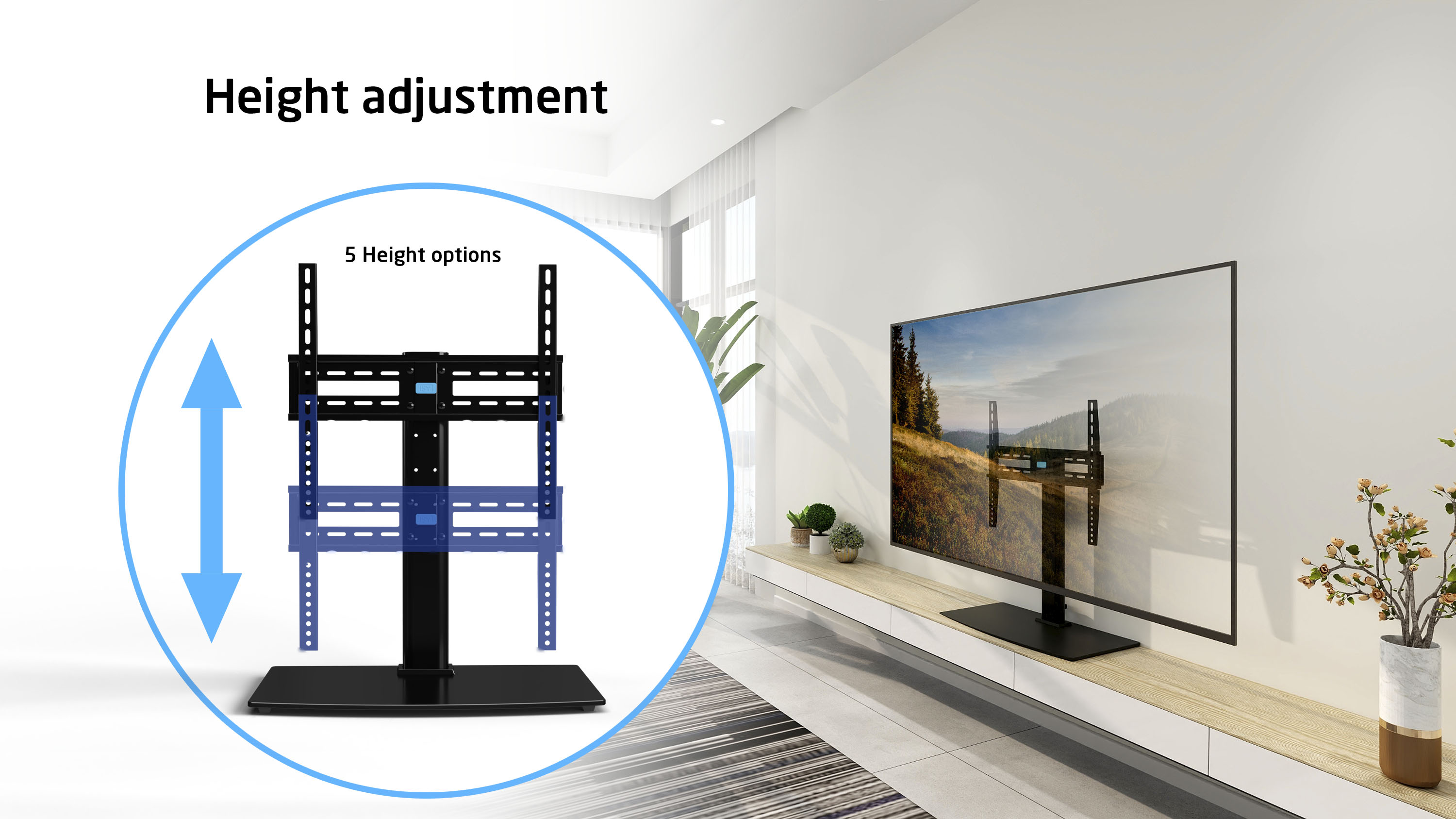 TV-állvány magasságállító funkcióval. A TV az állványon van.