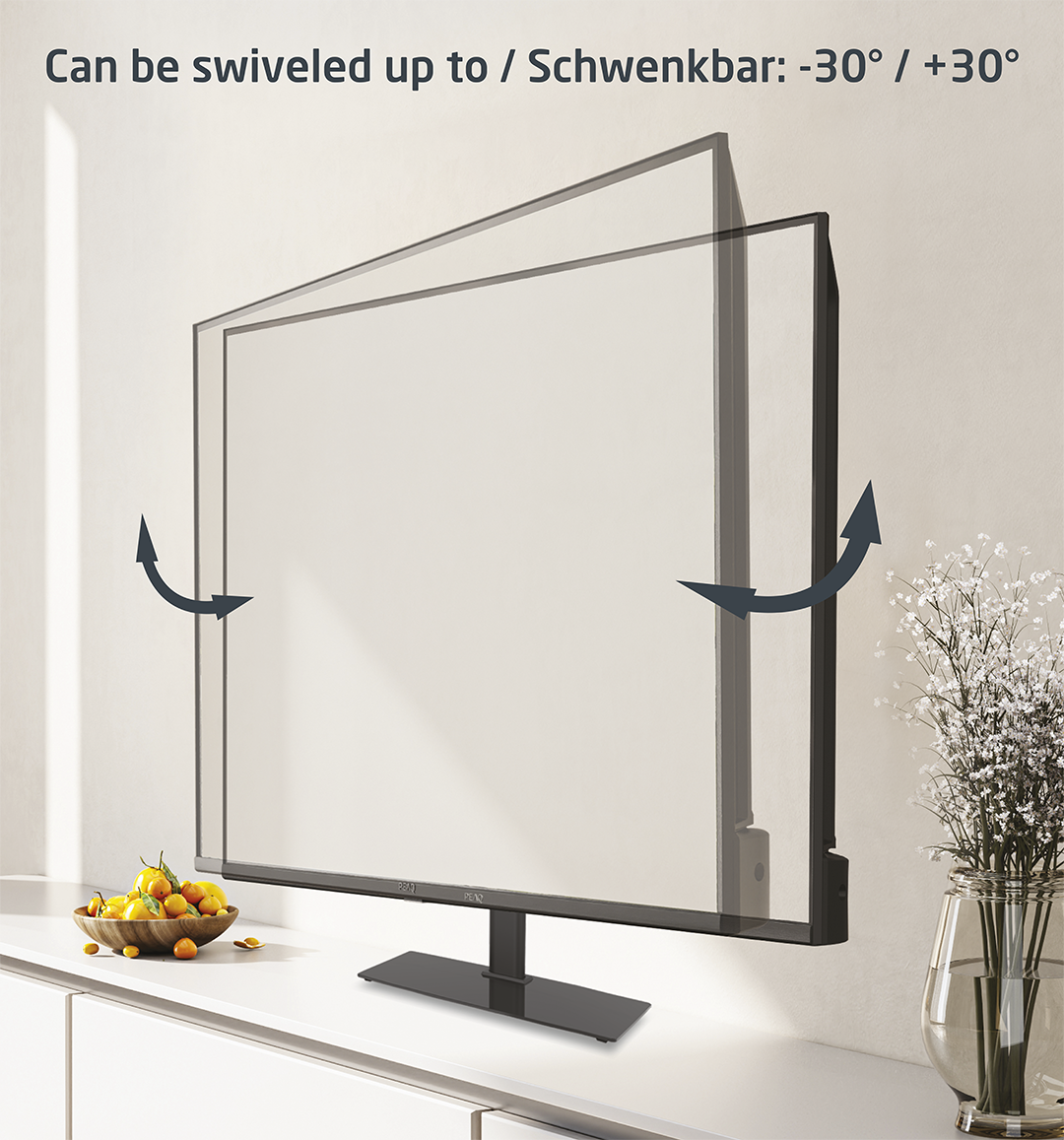Monitor forgatható illusztrációval, fehér pulton.