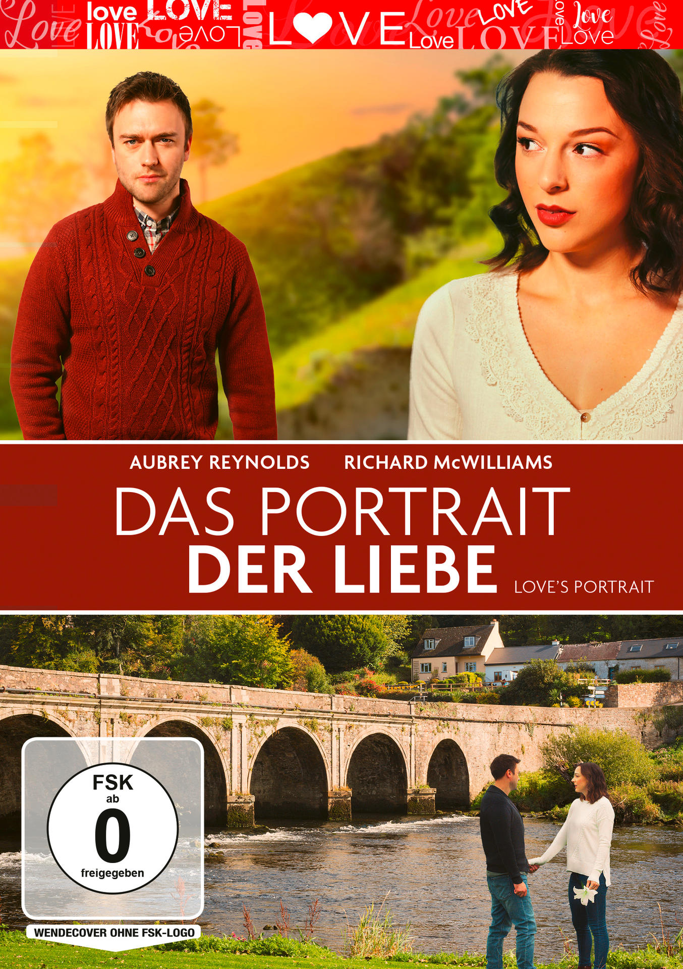 Ein Mann und eine Frau stehen vor einer Brücke. Der Titel "DAS PORTRAIT DER LIEBE" ist zu sehen.