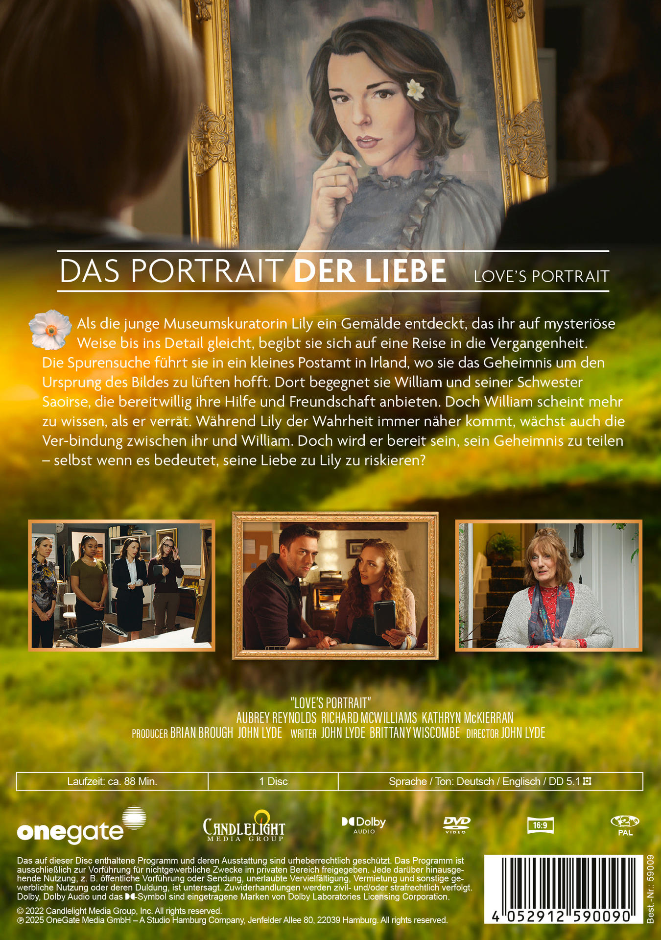 Filmplakat: Frau blickt auf Porträt einer Frau mit Blume im Haar.