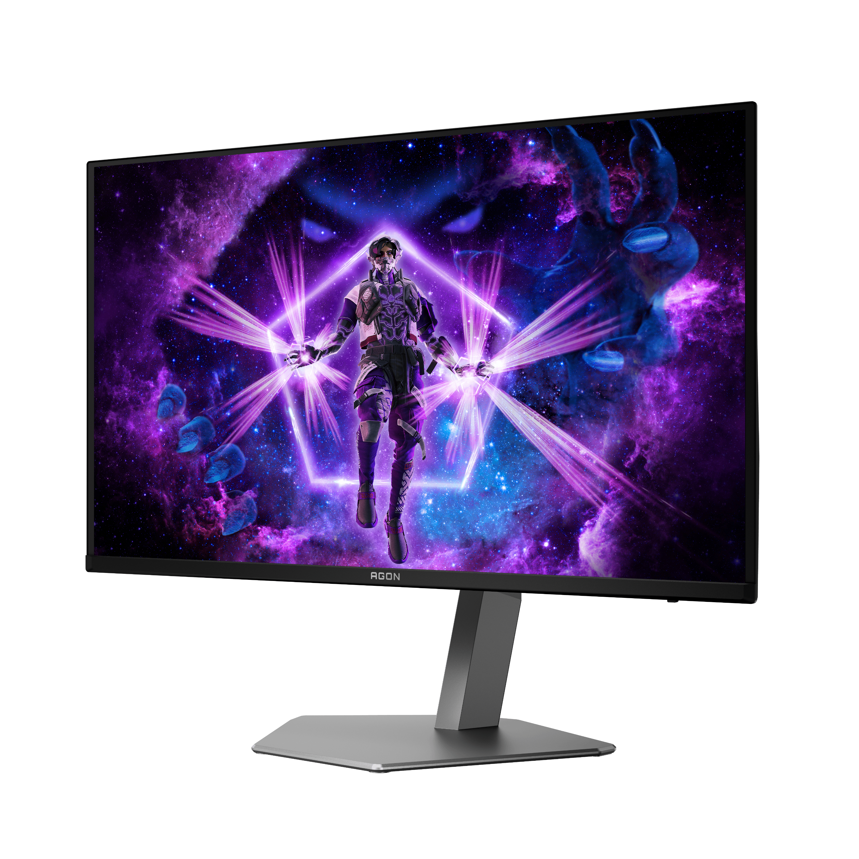 Monitor zeigt einen Gamer in Rüstung mit Lichteffekten.