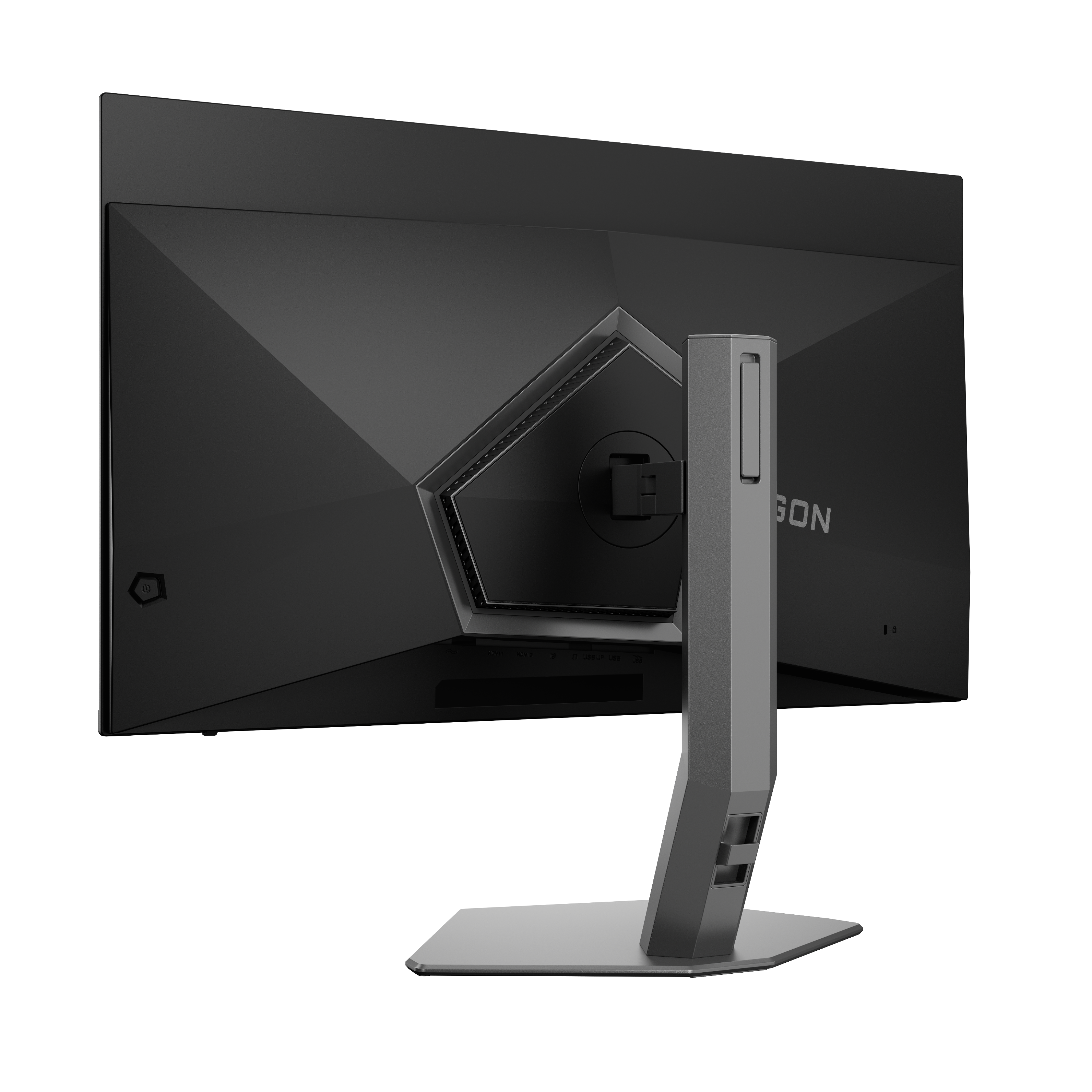 Rückseite eines schwarzen Gaming-Monitors mit grauem Ständer und dem Wort 'AGON'.