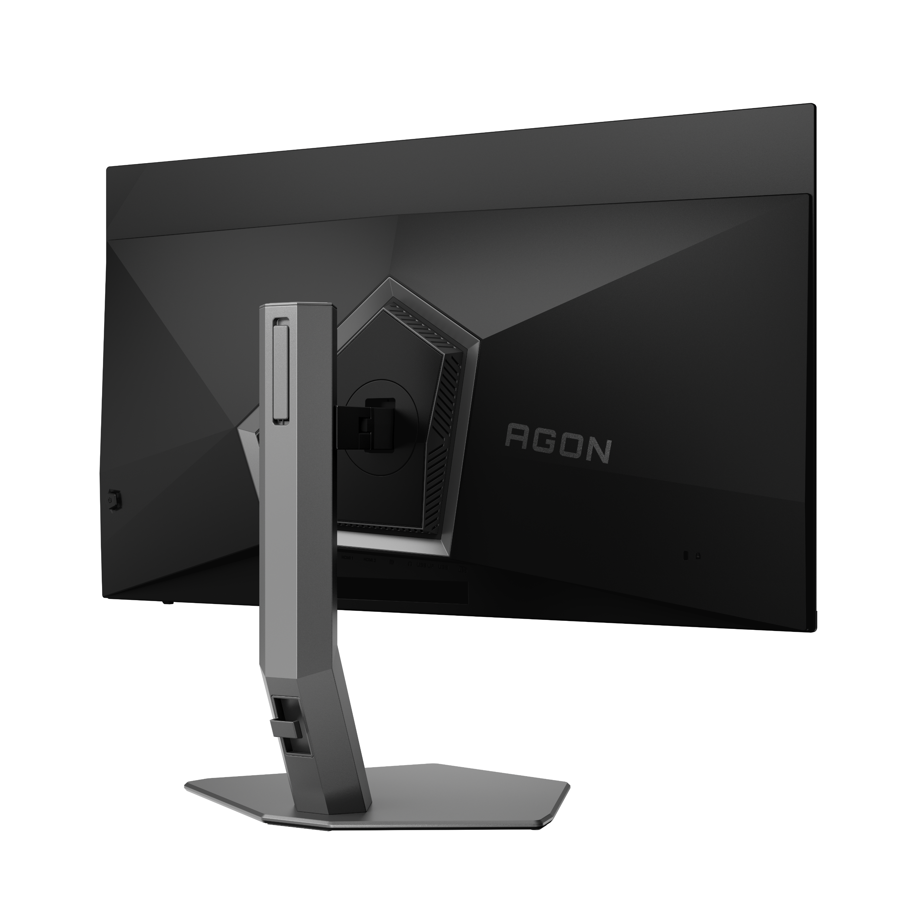 Rückseite eines schwarzen Monitors, mit AGON darauf geschrieben. Der Ständer ist silber.